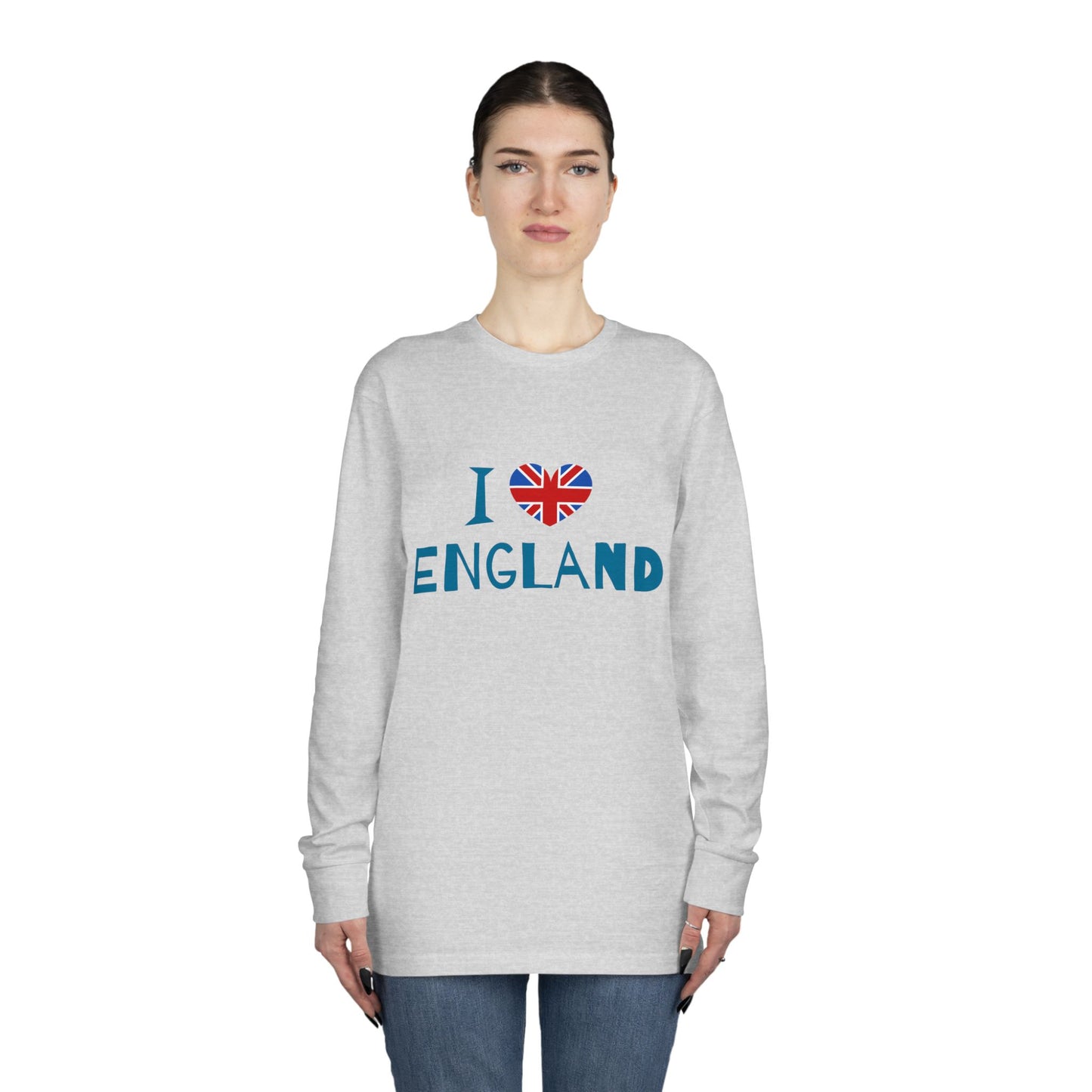 Long Sleeve Crewneck Tee - I Love England - Union Jack Heart Design