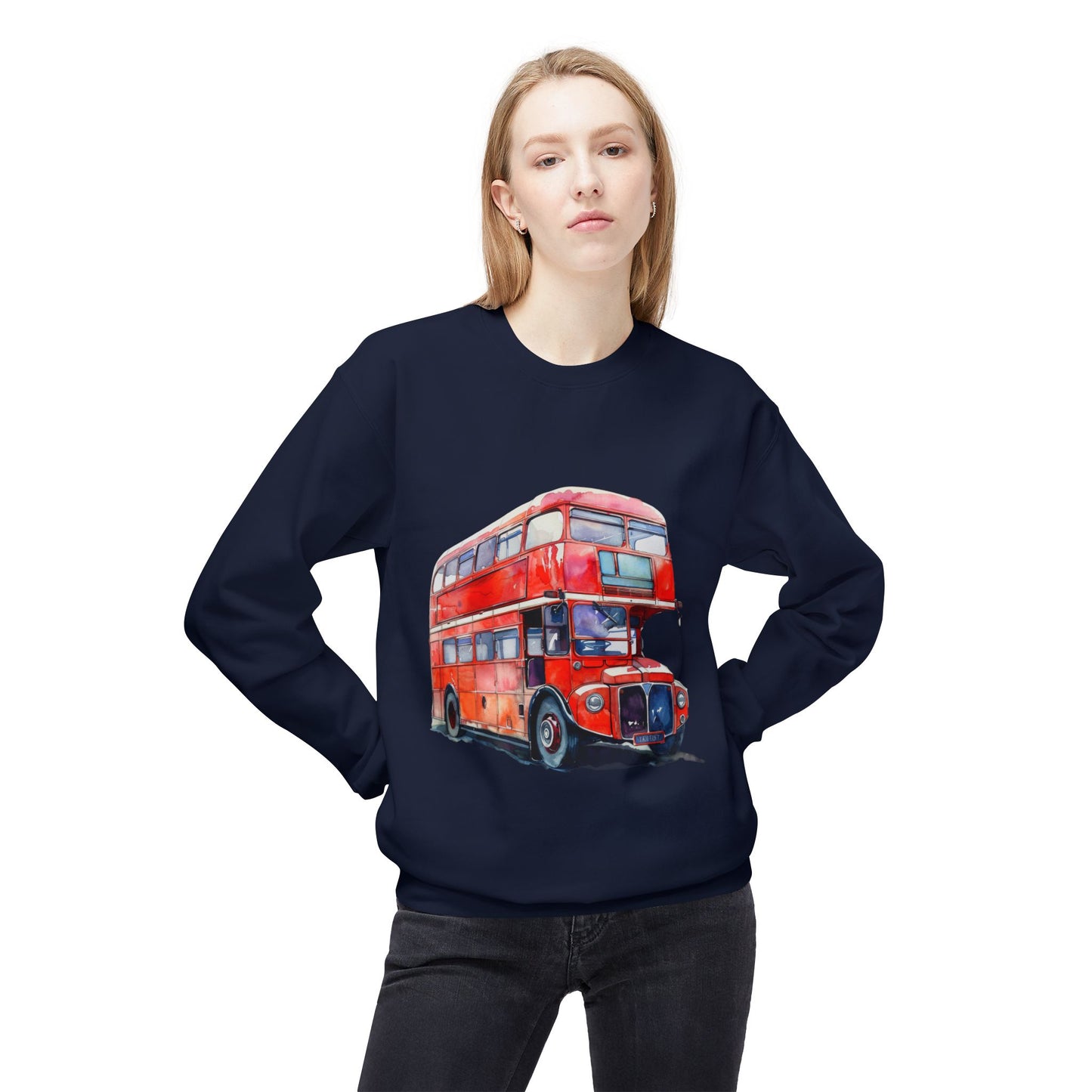 Unisex Midweight Softstyle Fleece Crewneck Sweatshirt - London Transport English Bus - Iconic Red Double-Decker Design