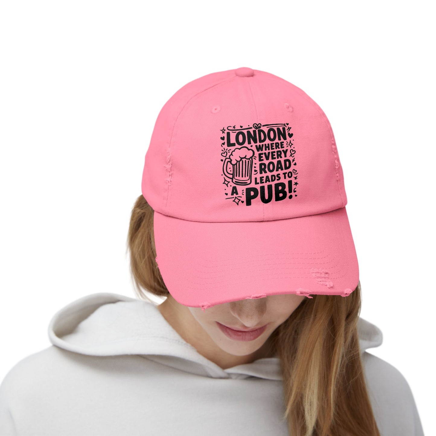 Punny London Pub Cap, Distressed Unisex Hat, Beer Lover's Gift, Casual Summer Accessory, Travel Souvenir, Fun Friends Gathering