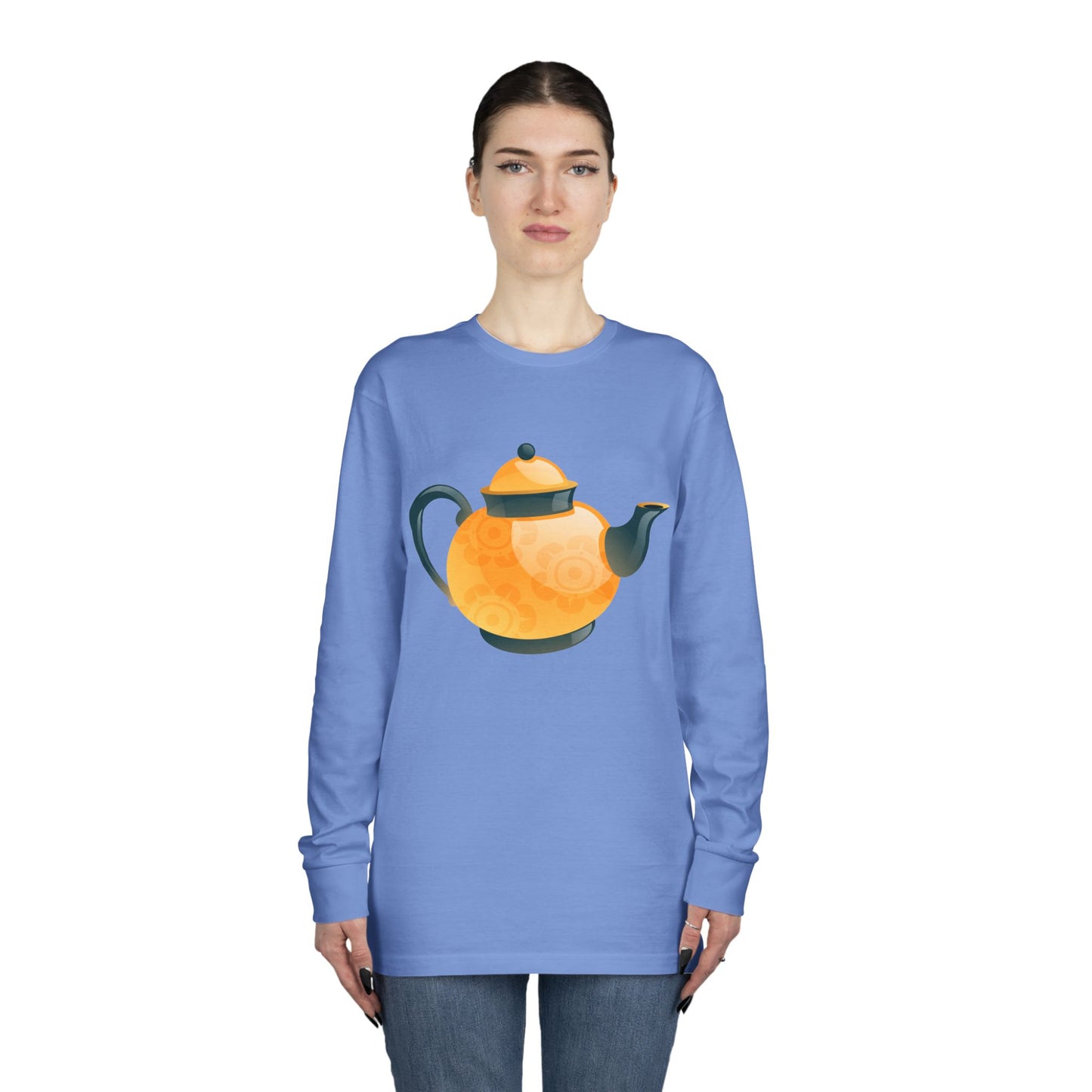 Long Sleeve Crewneck Tee - Classic British Tea Kettle - Timeless Elegance in Tea Time