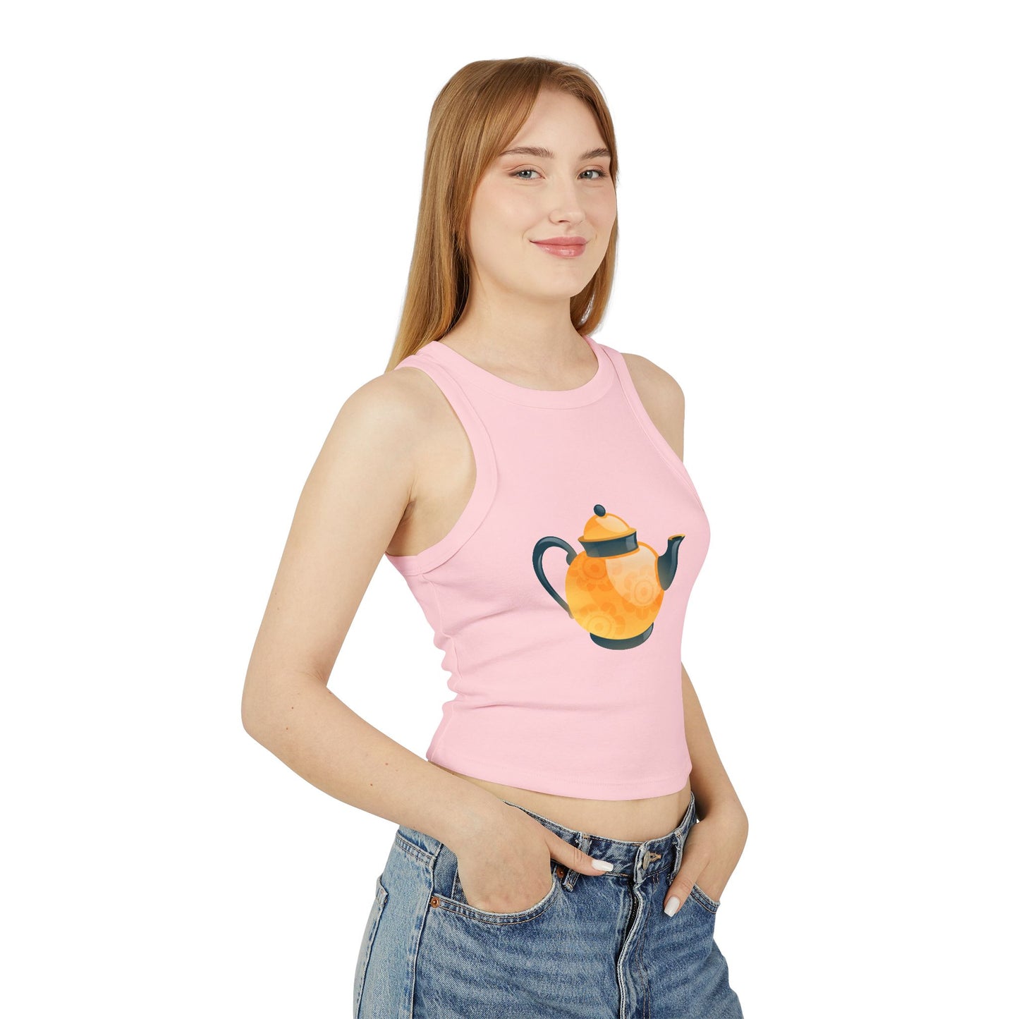 Women's Micro Rib Racer Tank Top - Classic British Tea Kettle - Timeless Elegance in Tea Time