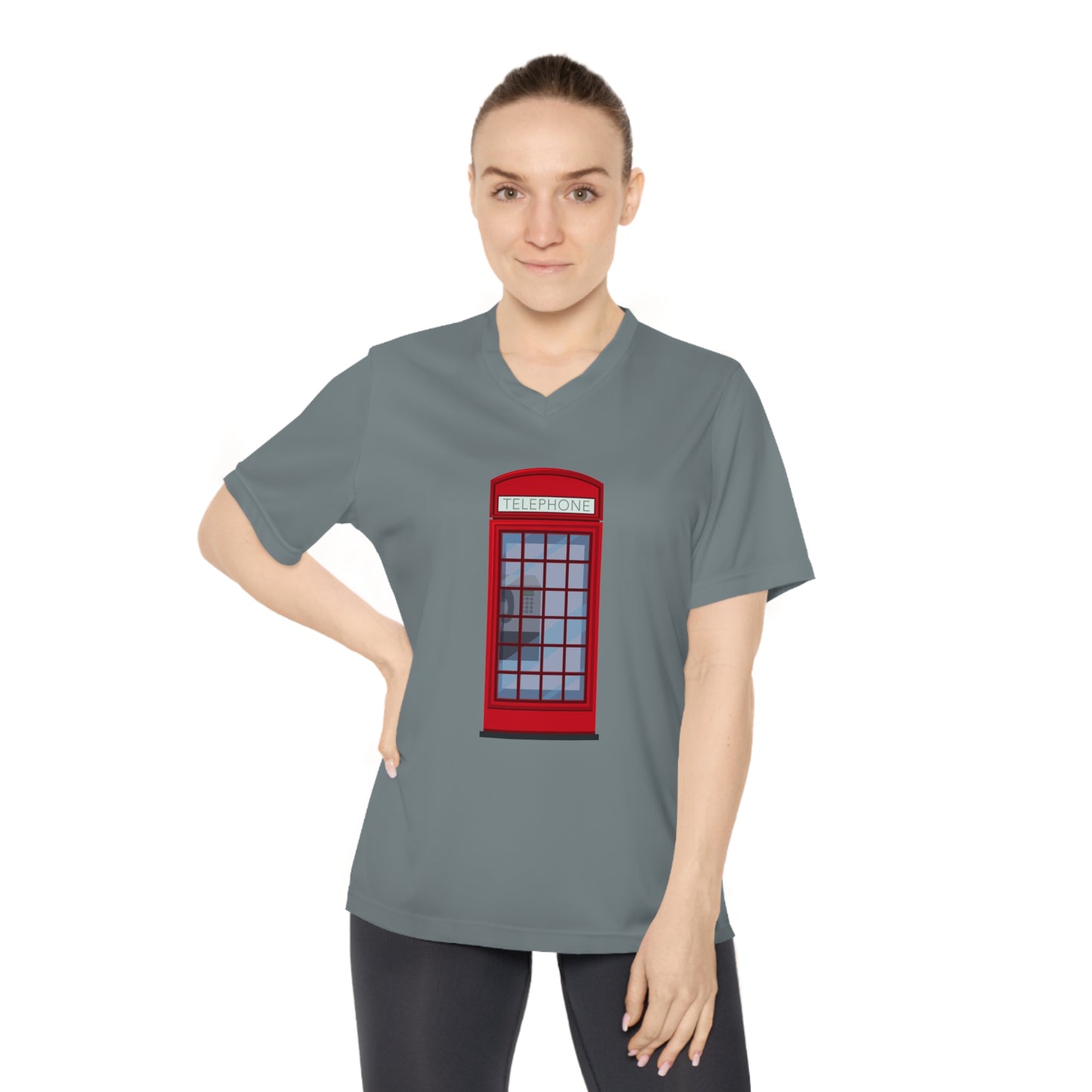 Women's Performance V-Neck T-Shirt - Iconic British Public Telephone - Classic Red Phone Box Design