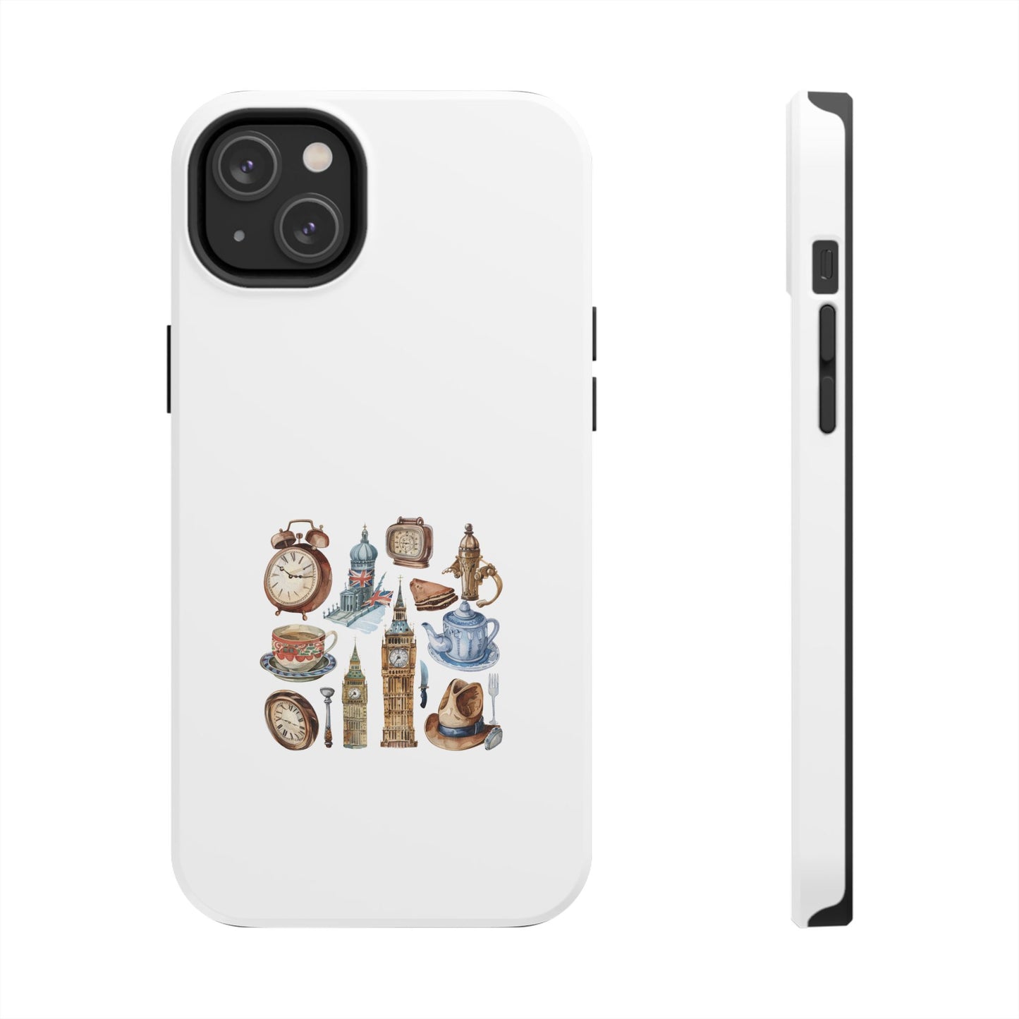 London-Themed Tough Phone Case | Vintage Clock & Tea Design