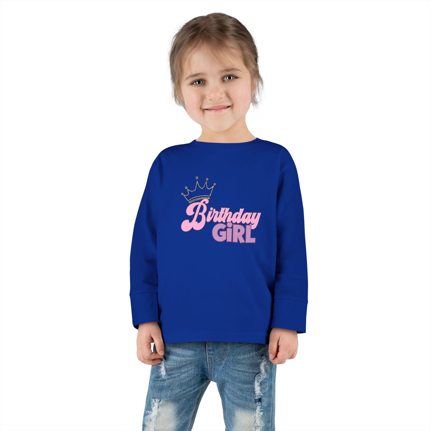 Birthday Girl Toddler Long Sleeve Tee - Cute Blue Crown Design