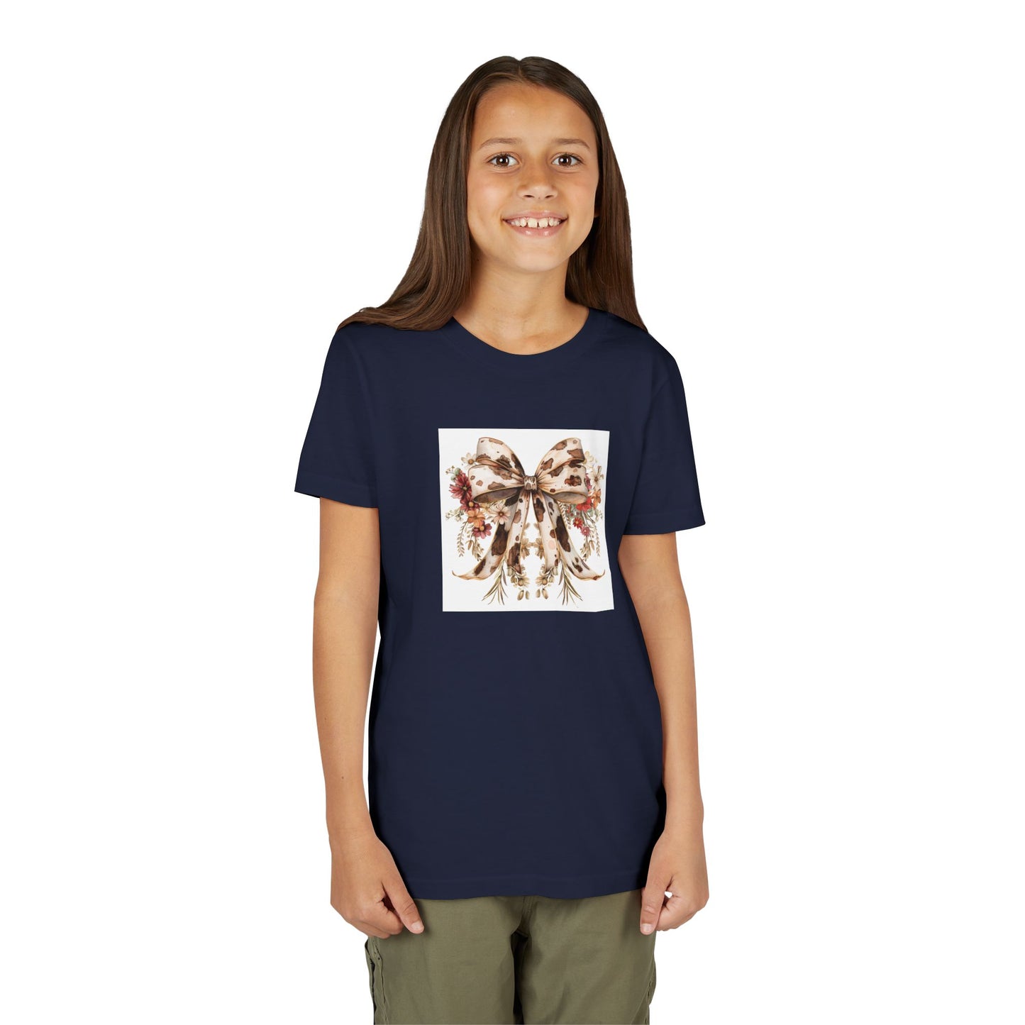 Youth Short Sleeve Tee - Western Floral Bow with Cow Pattern Aesthetic - Cute & Stylish Kids T-Shirt