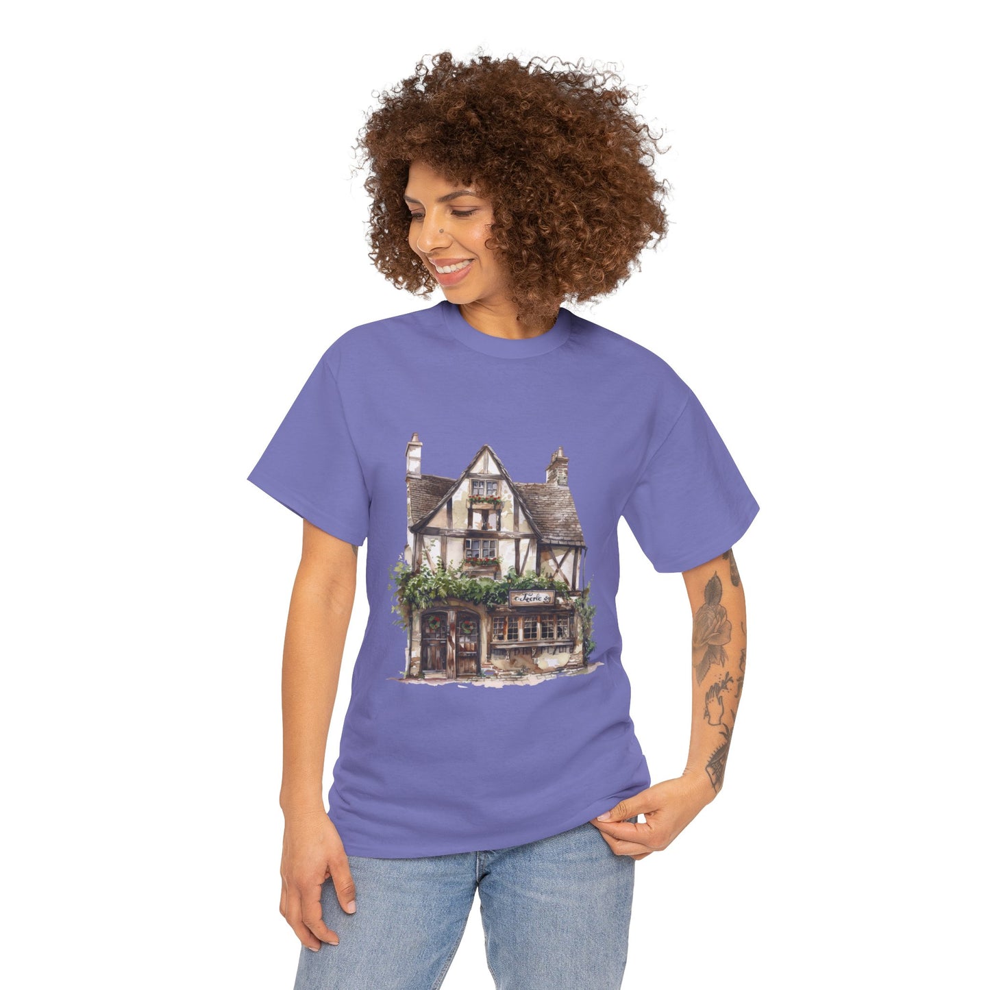 Unisex Heavy Cotton Tee - Cottages & Cobblestones - A British Village Dream