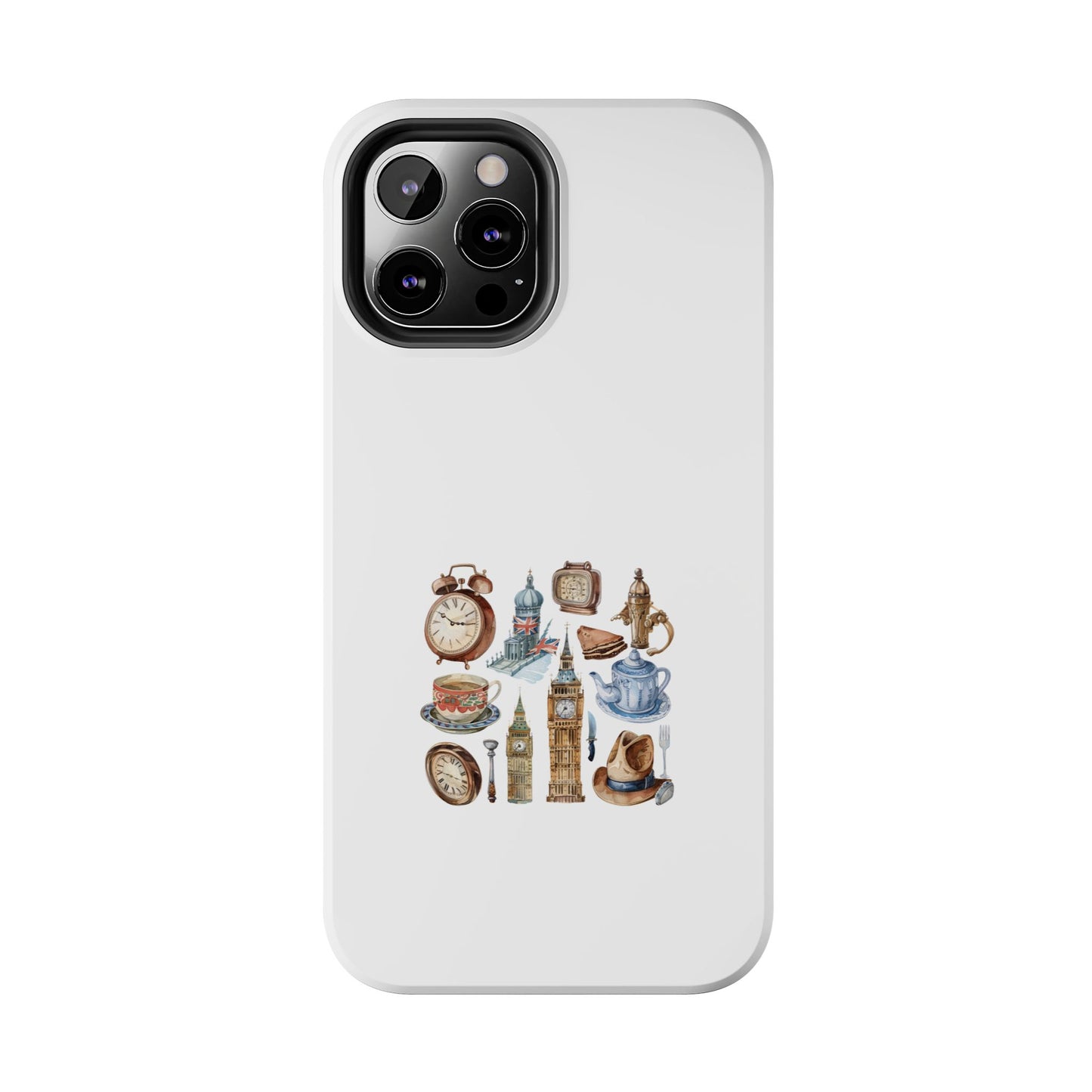 London-Themed Tough Phone Case | Vintage Clock & Tea Design