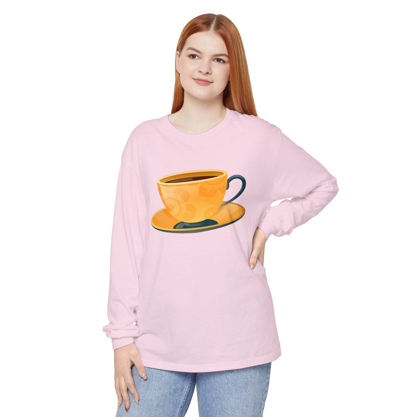 Unisex Garment-dyed Long Sleeve T-Shirt - Elegant British Tea Cup - Classic Tea Time Style