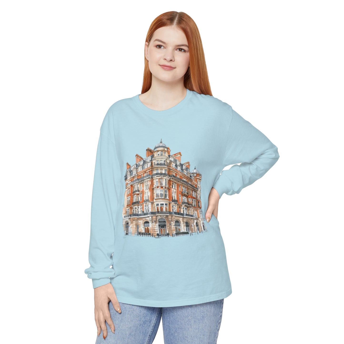 Unisex Garment-dyed Long Sleeve T-Shirt - Classic British Architecture - Elegant Historic Building