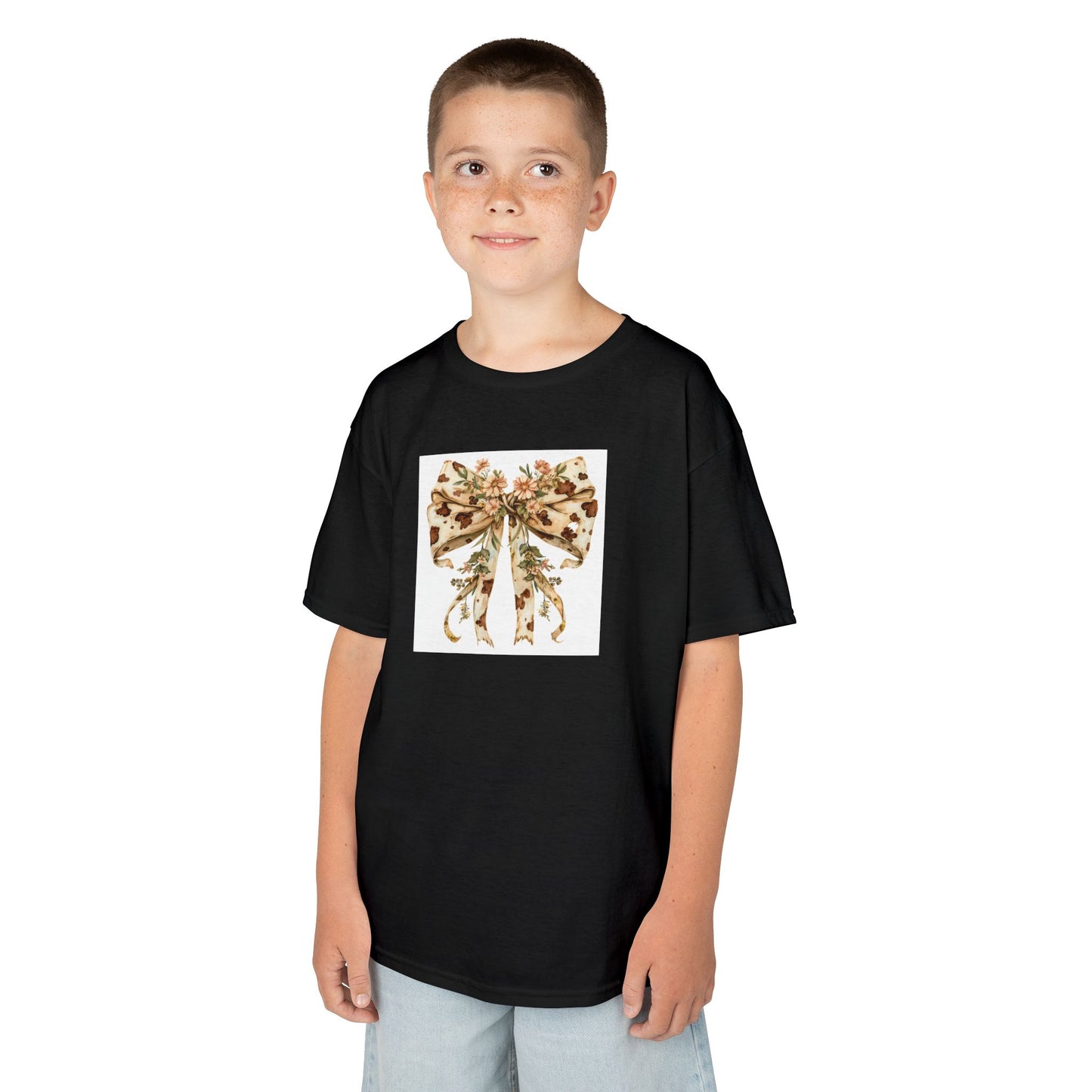 Kids Tee - Boho Western Bow with Flowers and Cow Pattern - Adorable Heavy Cotton T-Shirt for Little Fashionistas