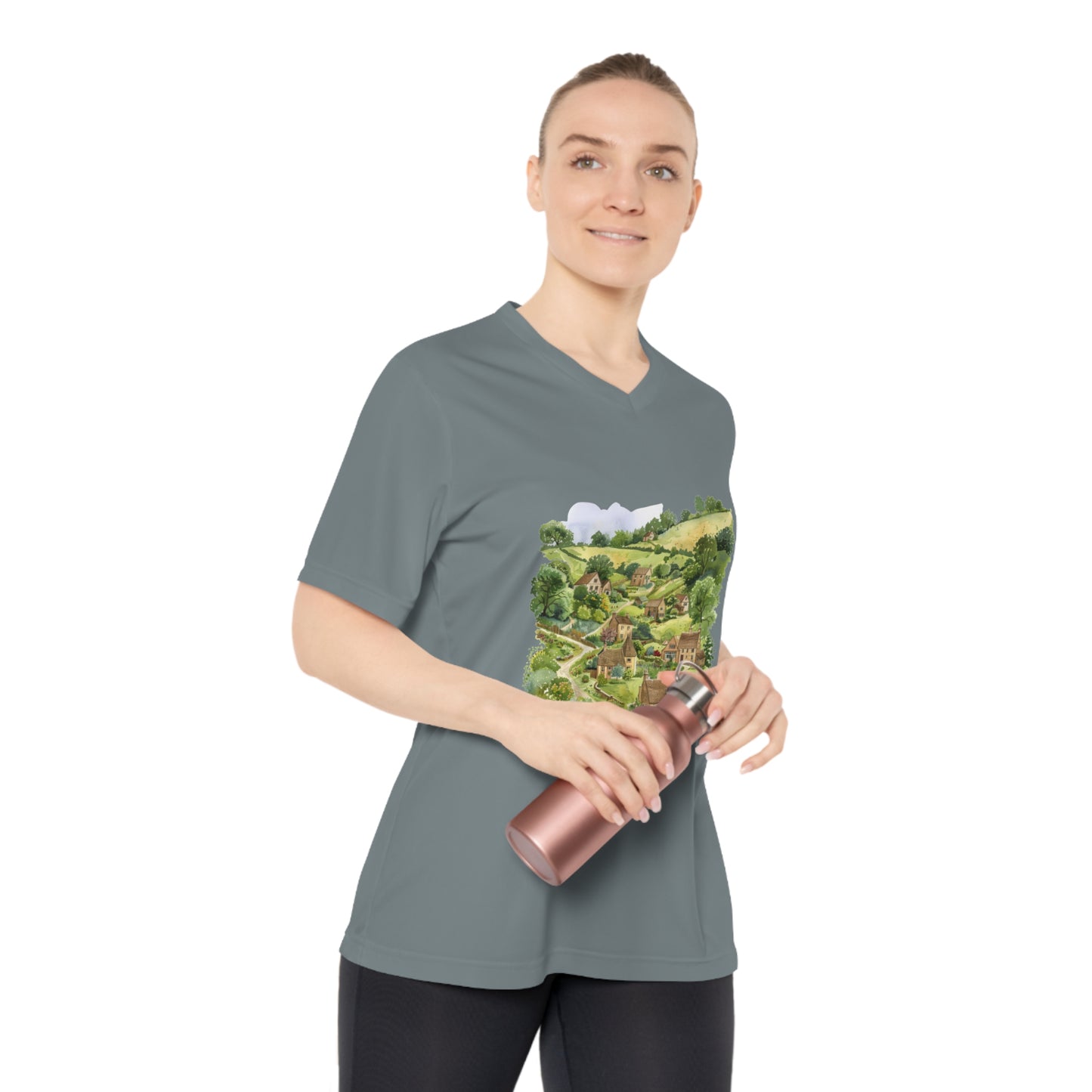 Women's Performance V-Neck T-Shirt - Cozy Countryside Design for Nature Lovers