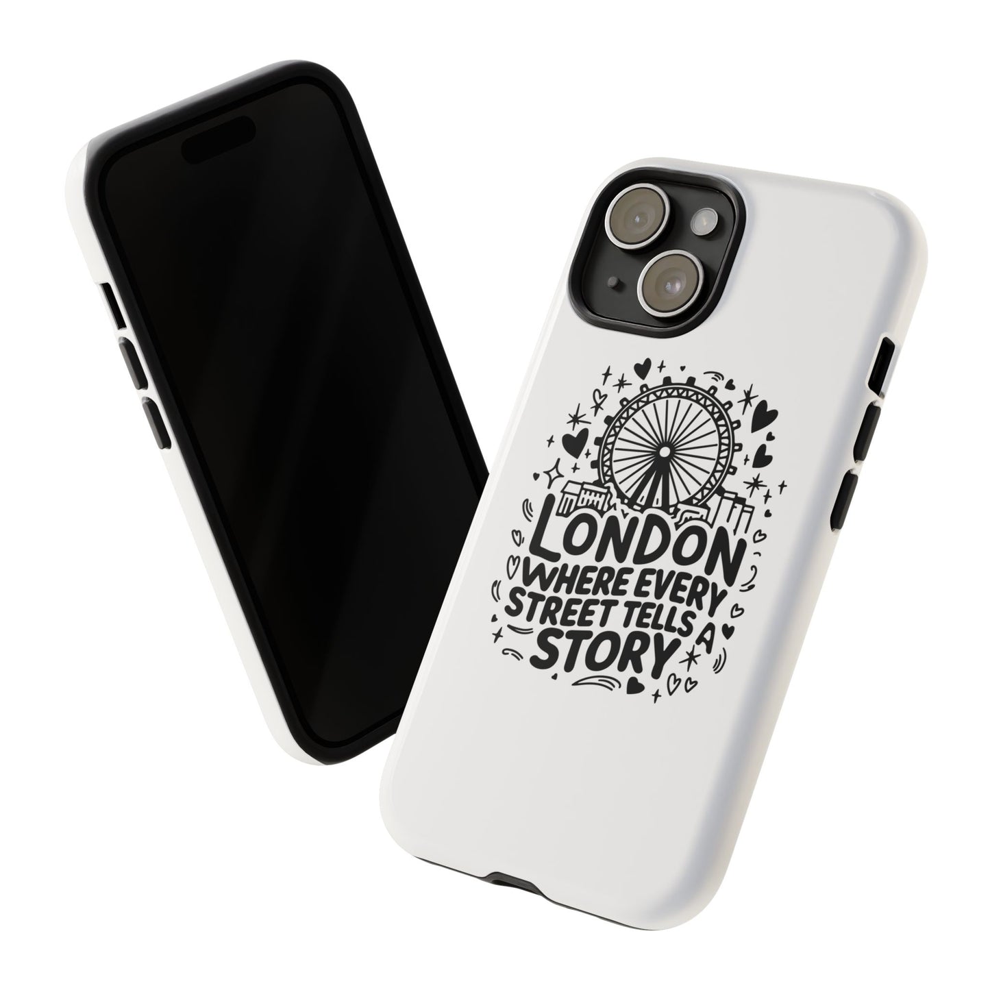 London Story Phone Case, Tough iPhone Cover, Gift for Travelers, London Souvenir, Black Typography Design