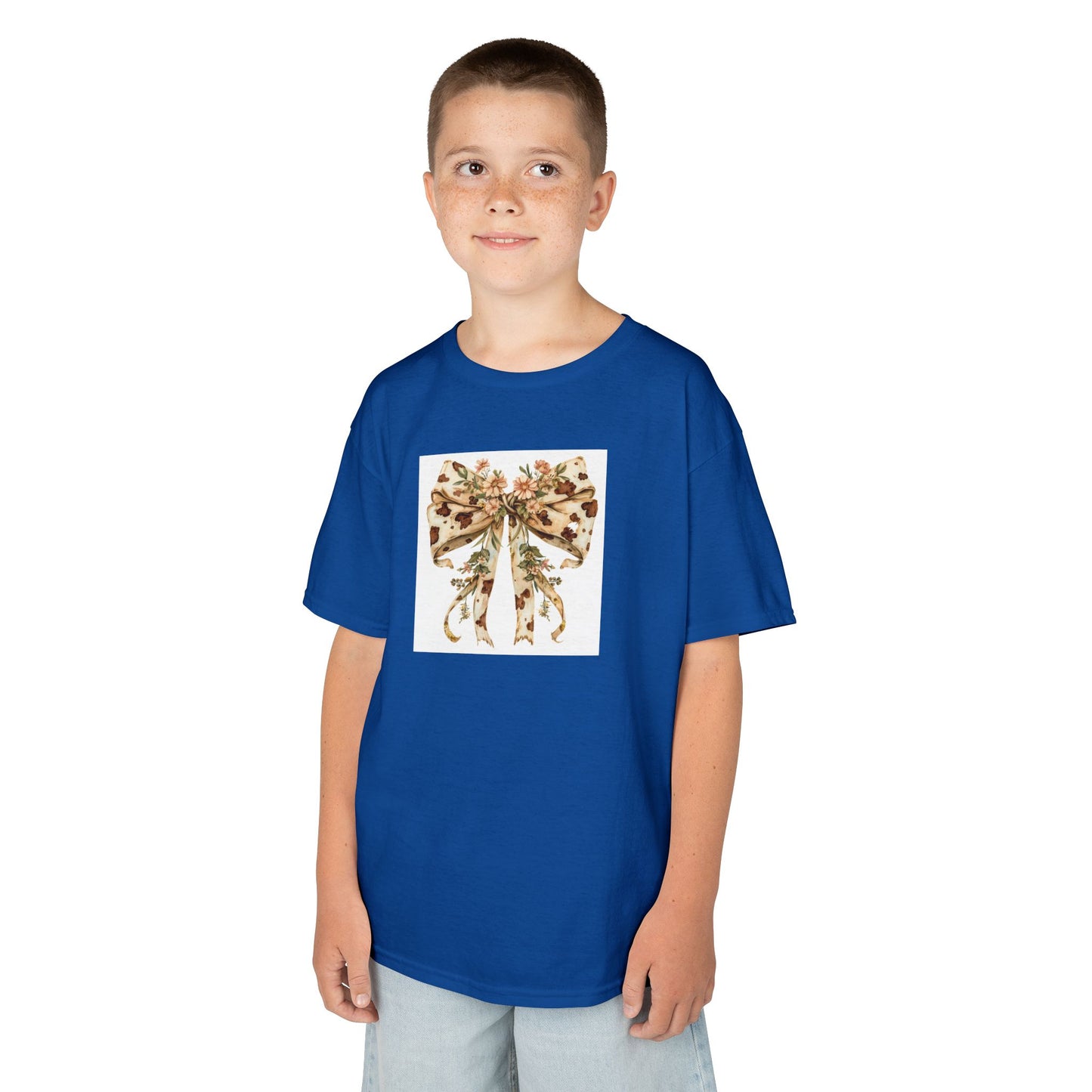 Kids Tee - Boho Western Bow with Flowers and Cow Pattern - Adorable Heavy Cotton T-Shirt for Little Fashionistas