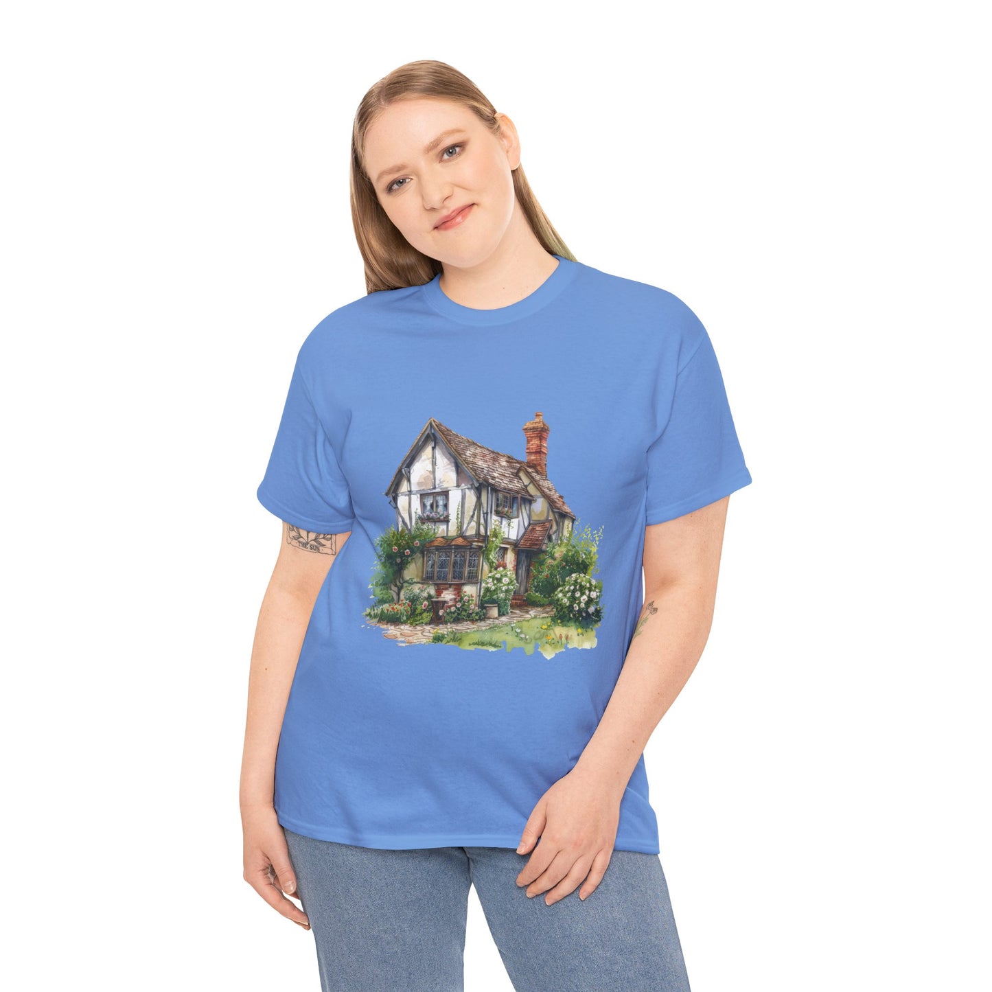 Unisex Heavy Cotton Tee - Countryside Charm - The Classic British Village House