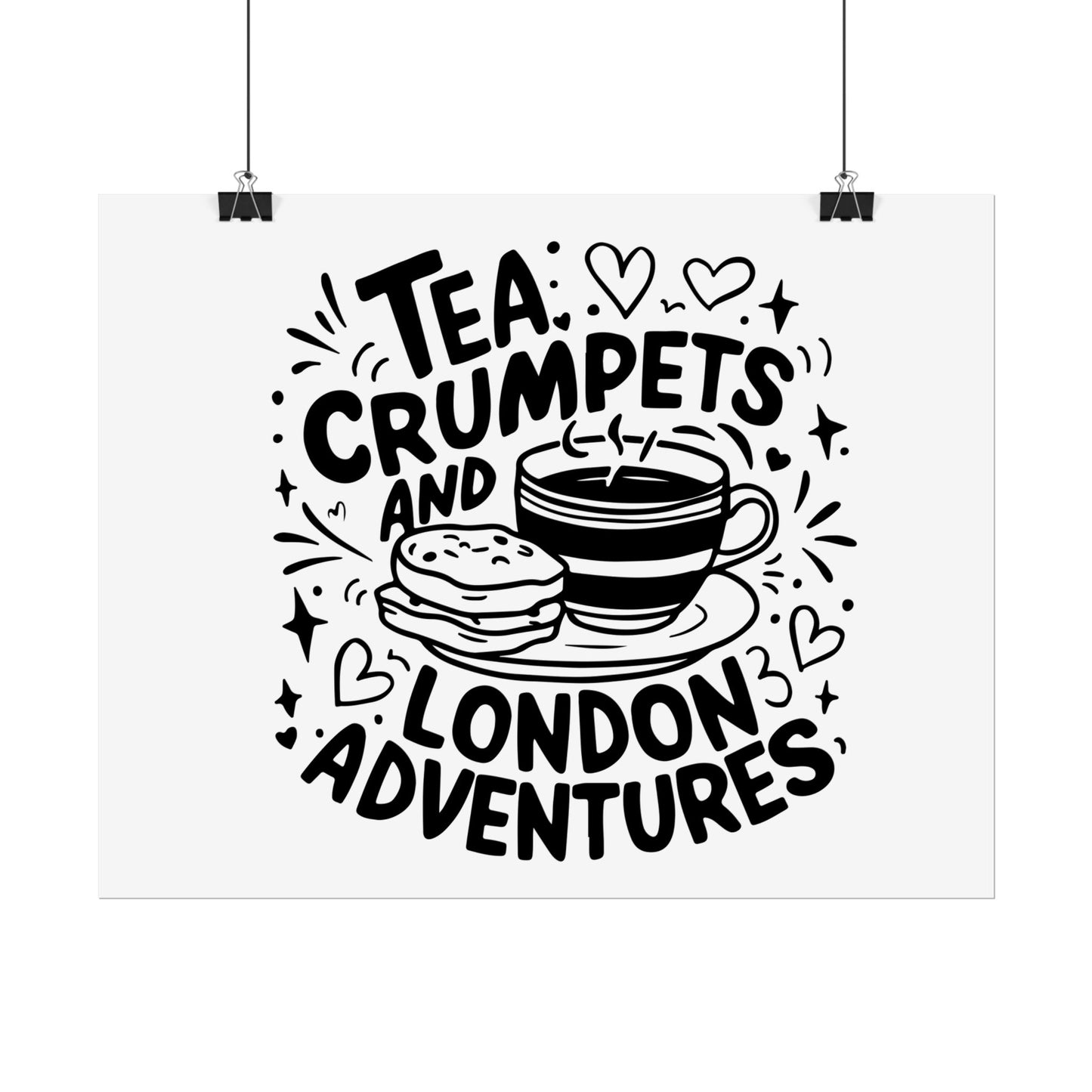 London Adventure Tea Crumpet Rolled Poster, Cute Wall Art, Gift for Tea Lovers, Home Decor, Travel Enthusiasts