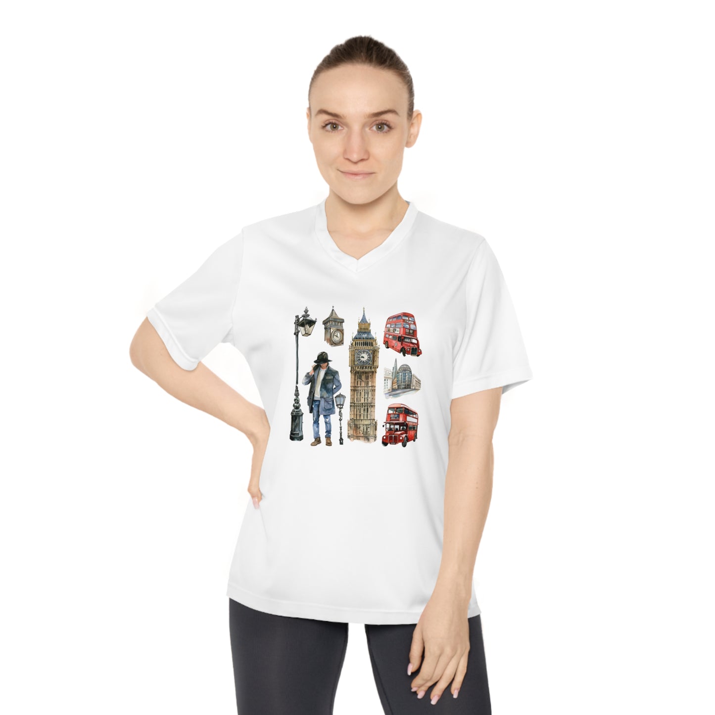 Women's London V-Neck Performance Tee - British Landmarks and Symbols Art Design