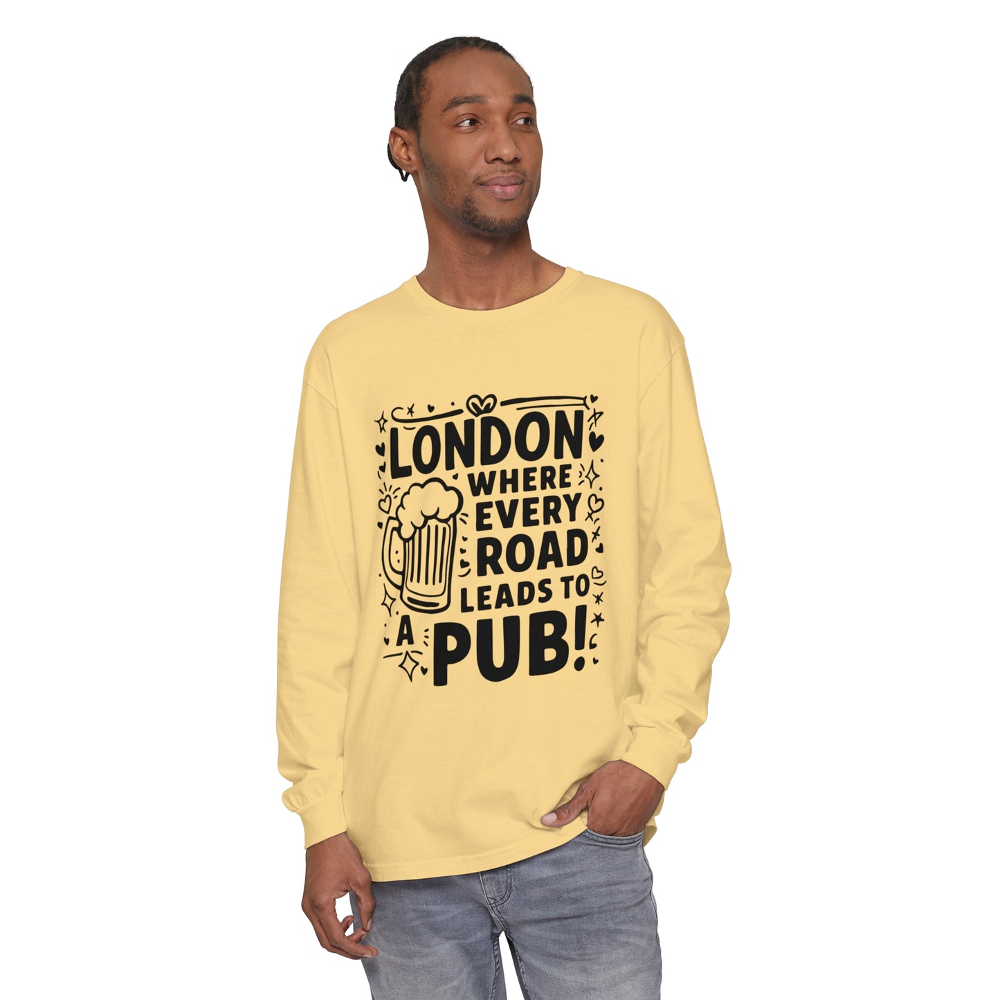 Unisex Garment-dyed Long Sleeve T-Shirt - London's Pub Leading Roads