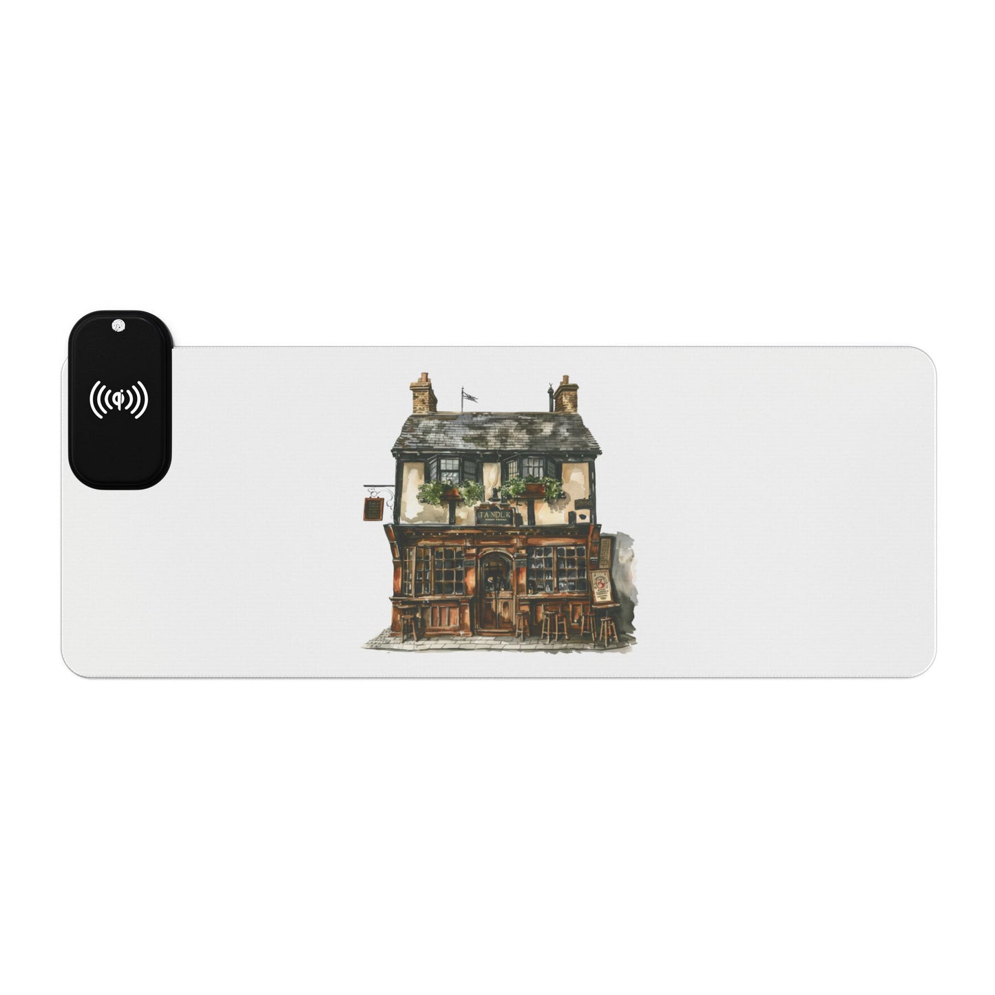 British Pub Exterior – Cozy Local Spot - LED Gaming Mouse Pad with Wireless Charging Station, Gamer Essentials, Desk Accessories, Tech Gifts, Modern Workspace