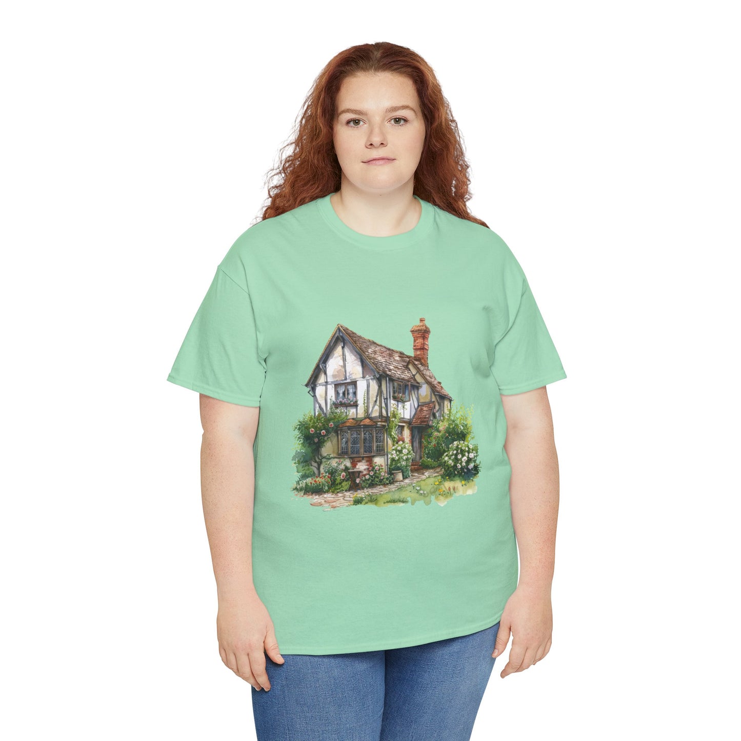 Unisex Heavy Cotton Tee - Countryside Charm - The Classic British Village House