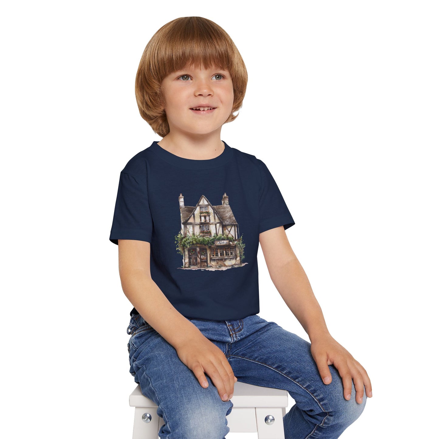 Toddler T-Shirt - Rustic Vintage England House Artwork - Fun Blue Tee for Little Dreamers
