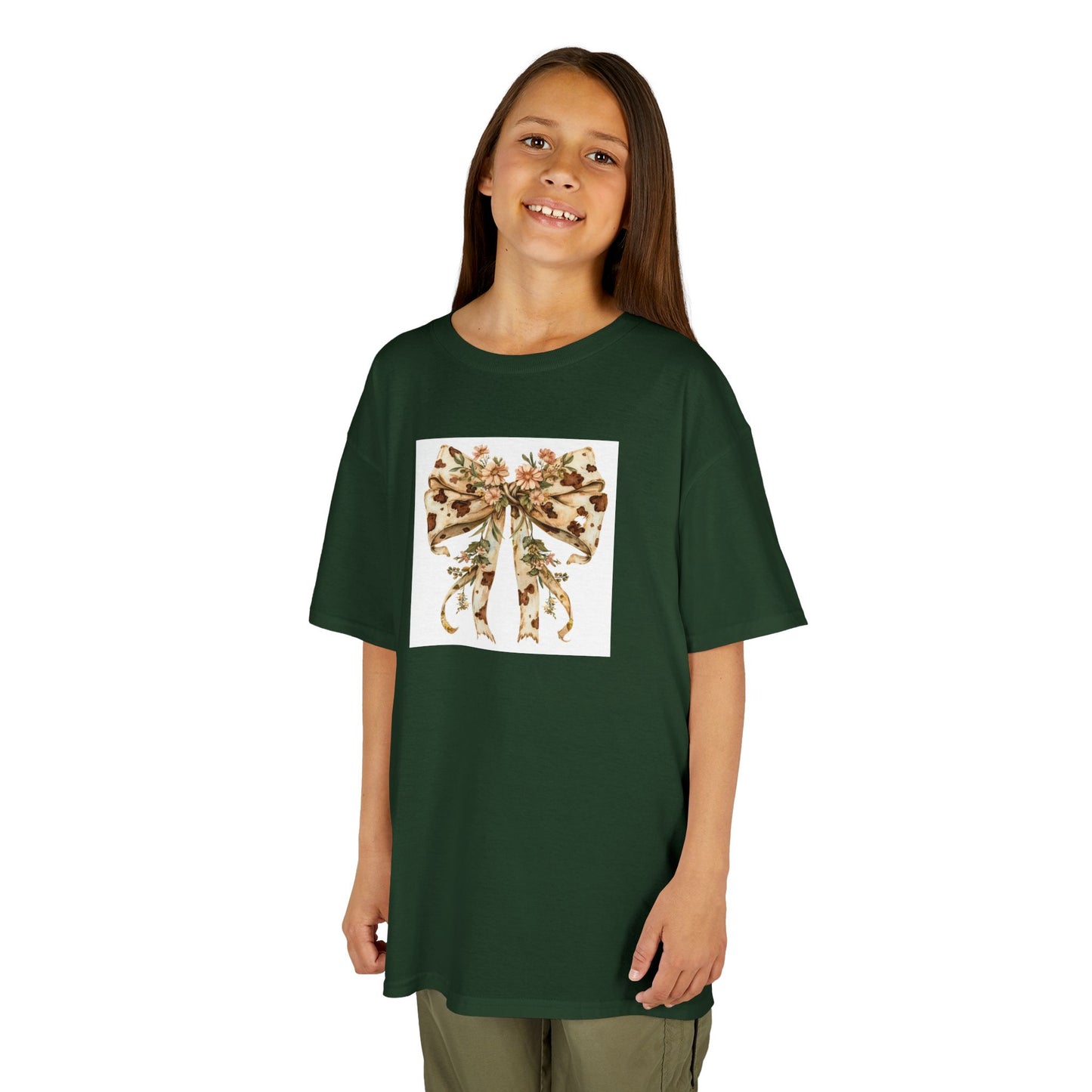 Kids Tee - Boho Western Bow with Flowers and Cow Pattern - Adorable Heavy Cotton T-Shirt for Little Fashionistas