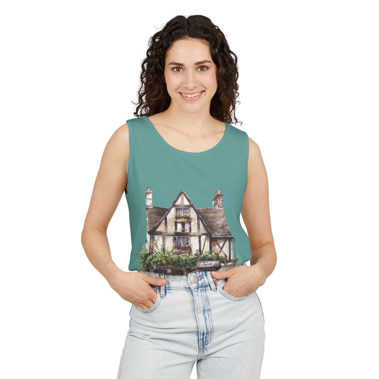 Unisex Garment-Dyed Tank Top - Rustic Vintage England House Artwork