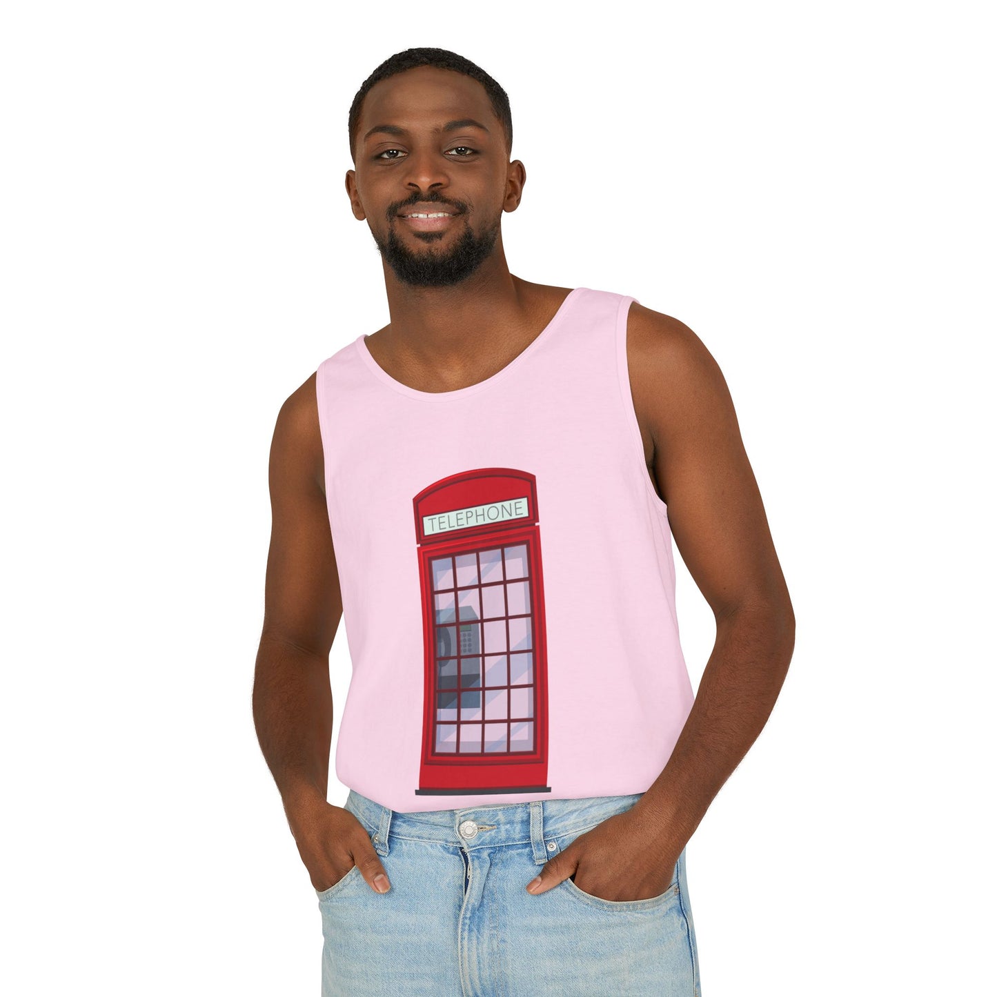 Unisex Garment-Dyed Tank Top - Iconic British Public Telephone - Classic Red Phone Box