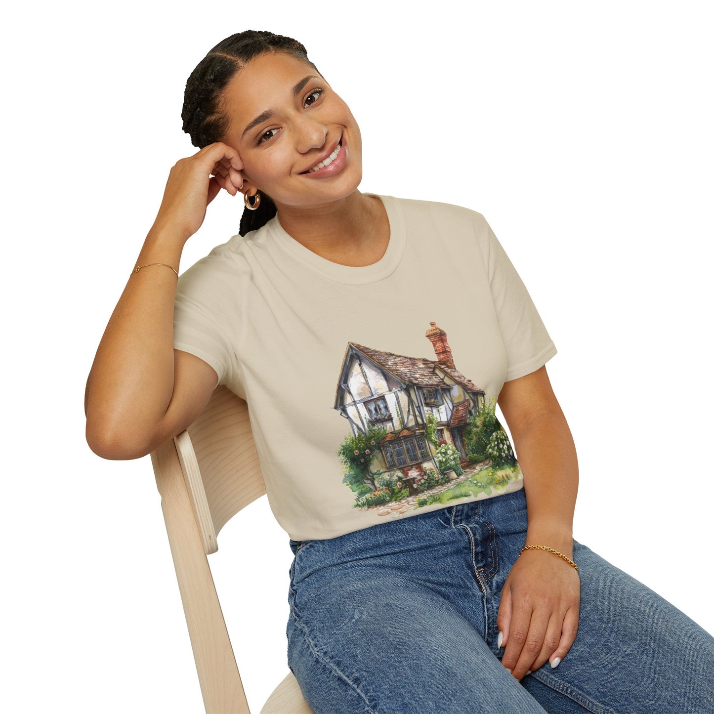 Unisex Softstyle T-Shirt - Rustic Retreat - The Quintessential British Village House