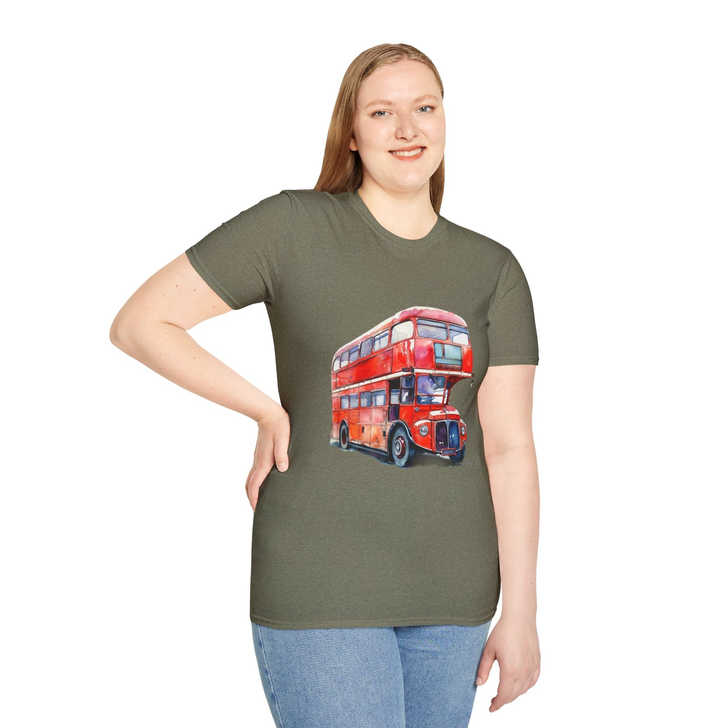 Unisex Softstyle T-Shirt - London Transport English Bus - Iconic Red Double-Decker