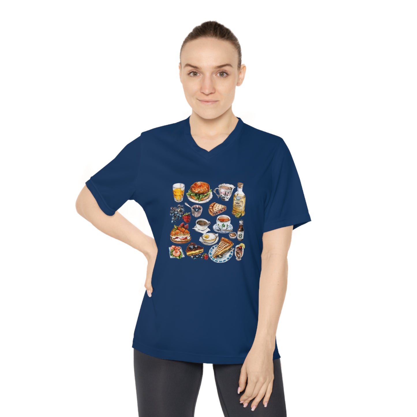 Women's Performance V-Neck T-Shirt - Iconic England Landmarks Illustration Print
