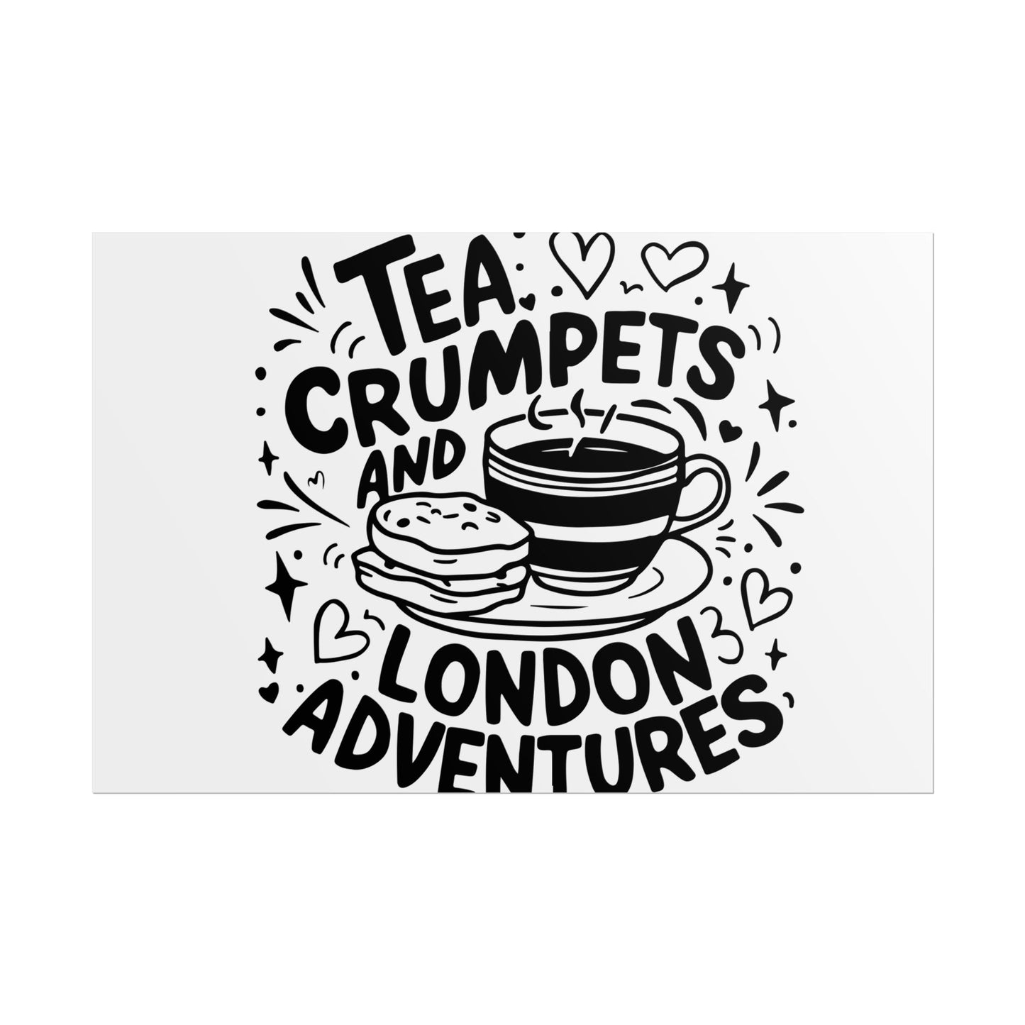 London Adventure Tea Crumpet Rolled Poster, Cute Wall Art, Gift for Tea Lovers, Home Decor, Travel Enthusiasts