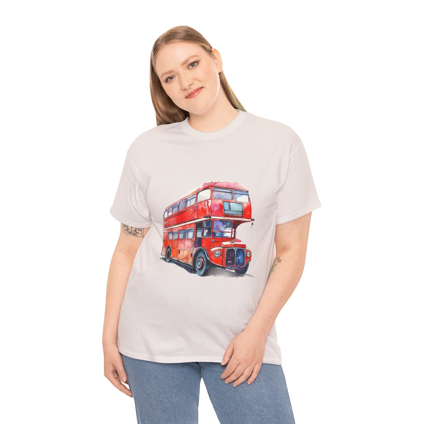 Unisex Heavy Cotton Tee - London Transport English Bus - Iconic Red Double-Decker