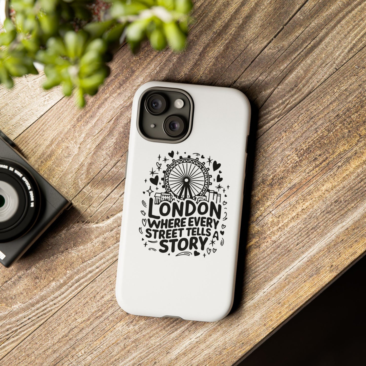 London Story Phone Case, Tough iPhone Cover, Gift for Travelers, London Souvenir, Black Typography Design