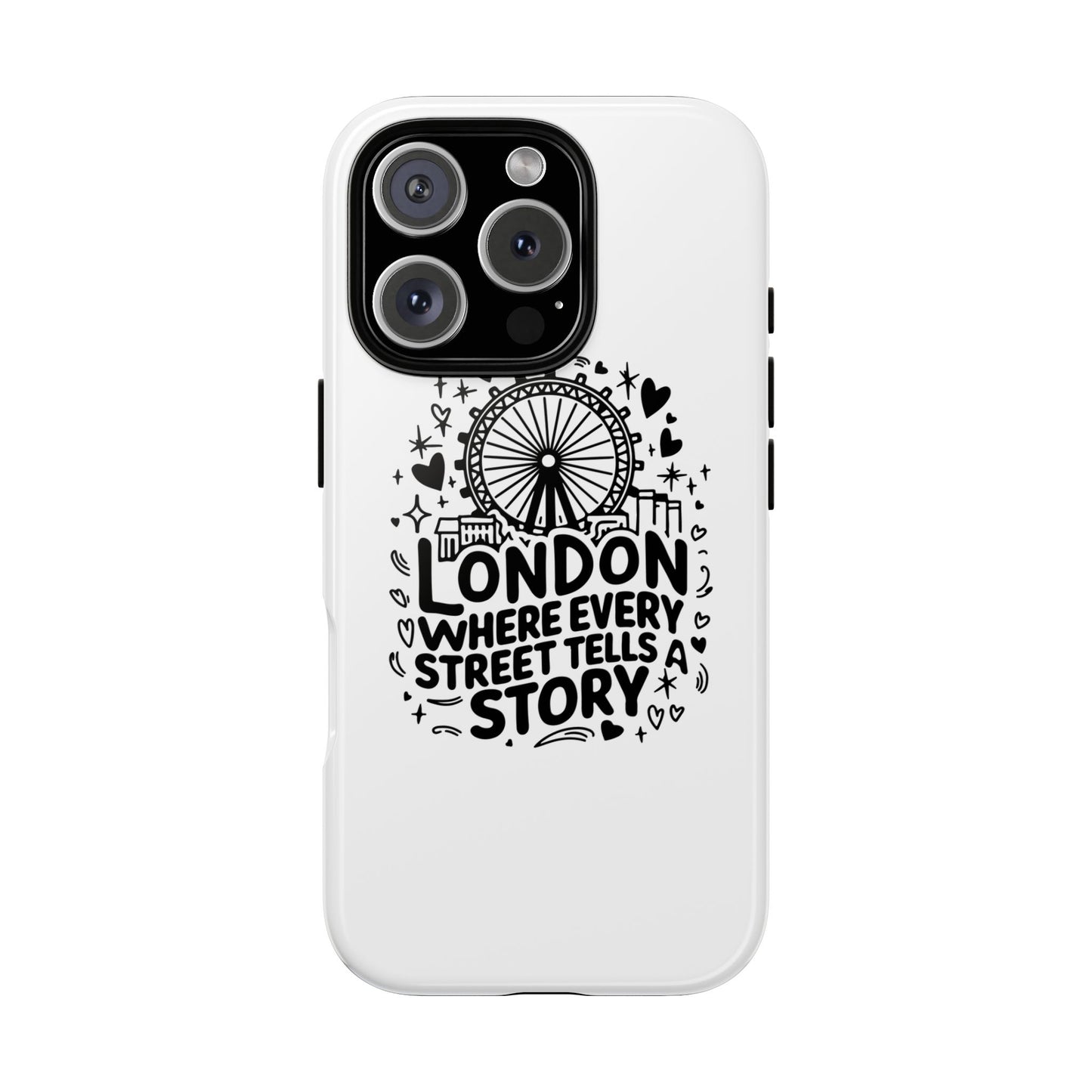 London Story Phone Case, Tough iPhone Cover, Gift for Travelers, London Souvenir, Black Typography Design