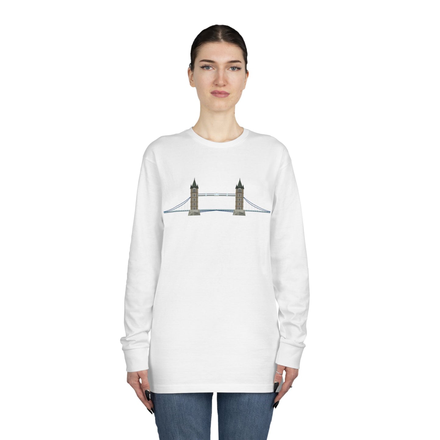 Long Sleeve Crewneck Tee - Tower Bridge - Iconic London Landmark Illustration