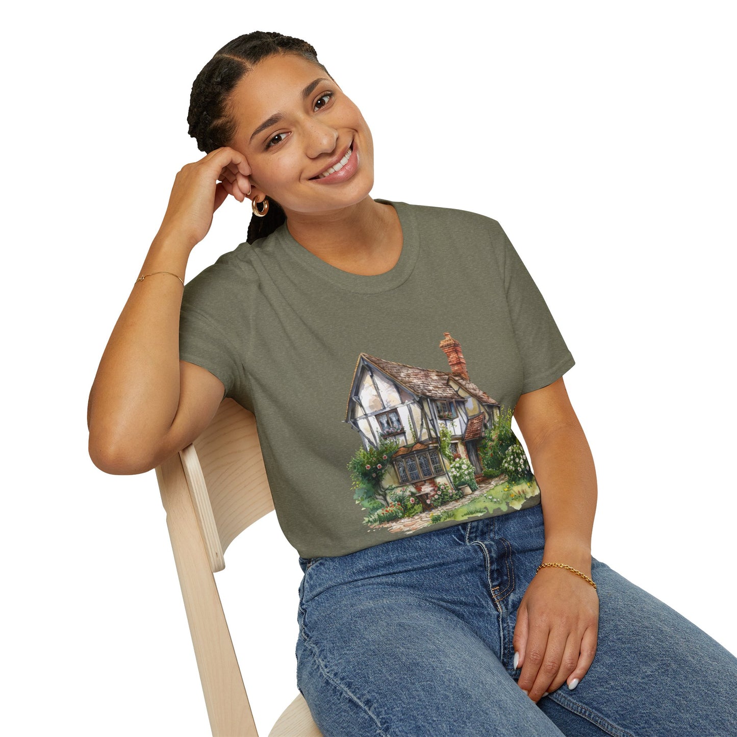 Unisex Softstyle T-Shirt - Rustic Retreat - The Quintessential British Village House