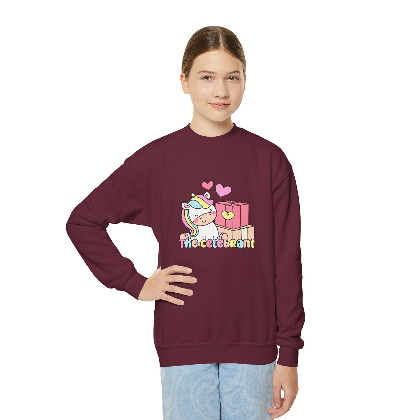 Youth Crewneck Sweatshirt - Cute Unicorn Gift with Hearts and Presents