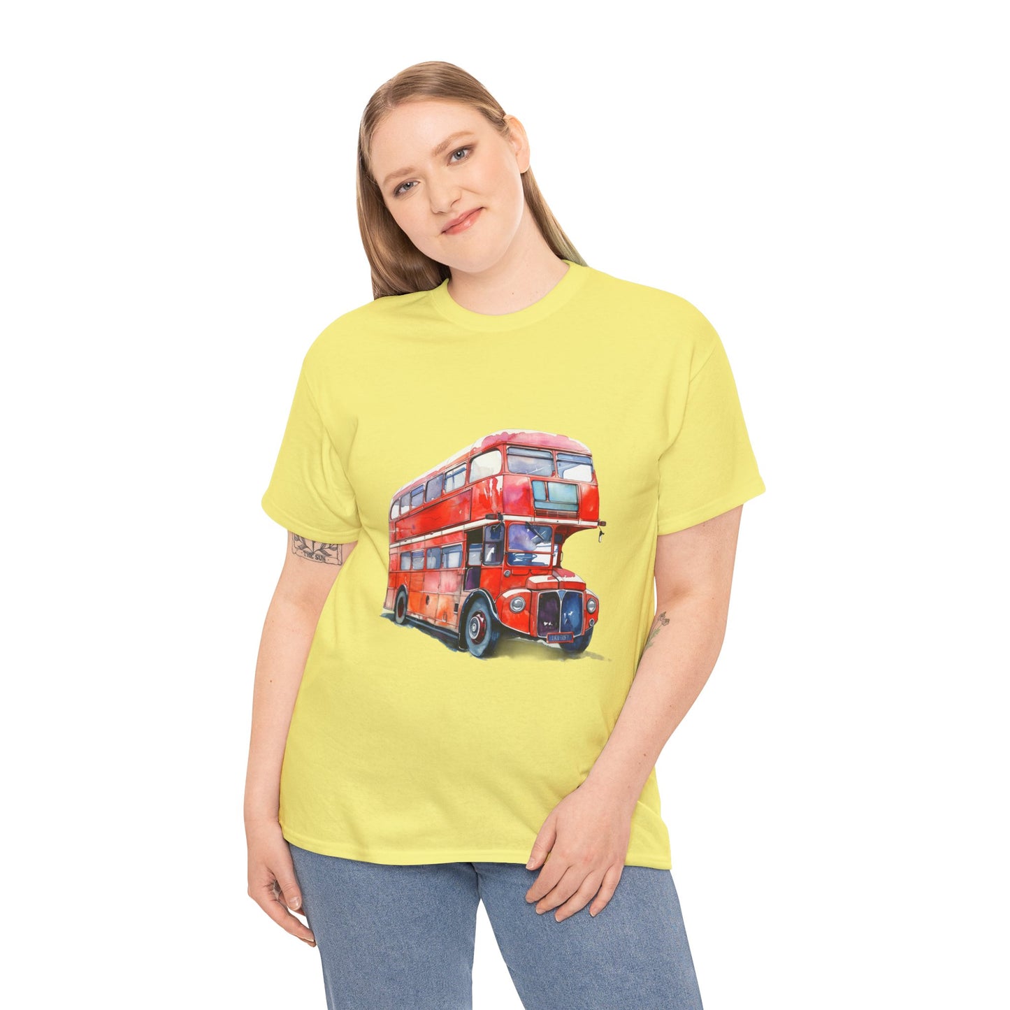 Unisex Heavy Cotton Tee - London Transport English Bus - Iconic Red Double-Decker