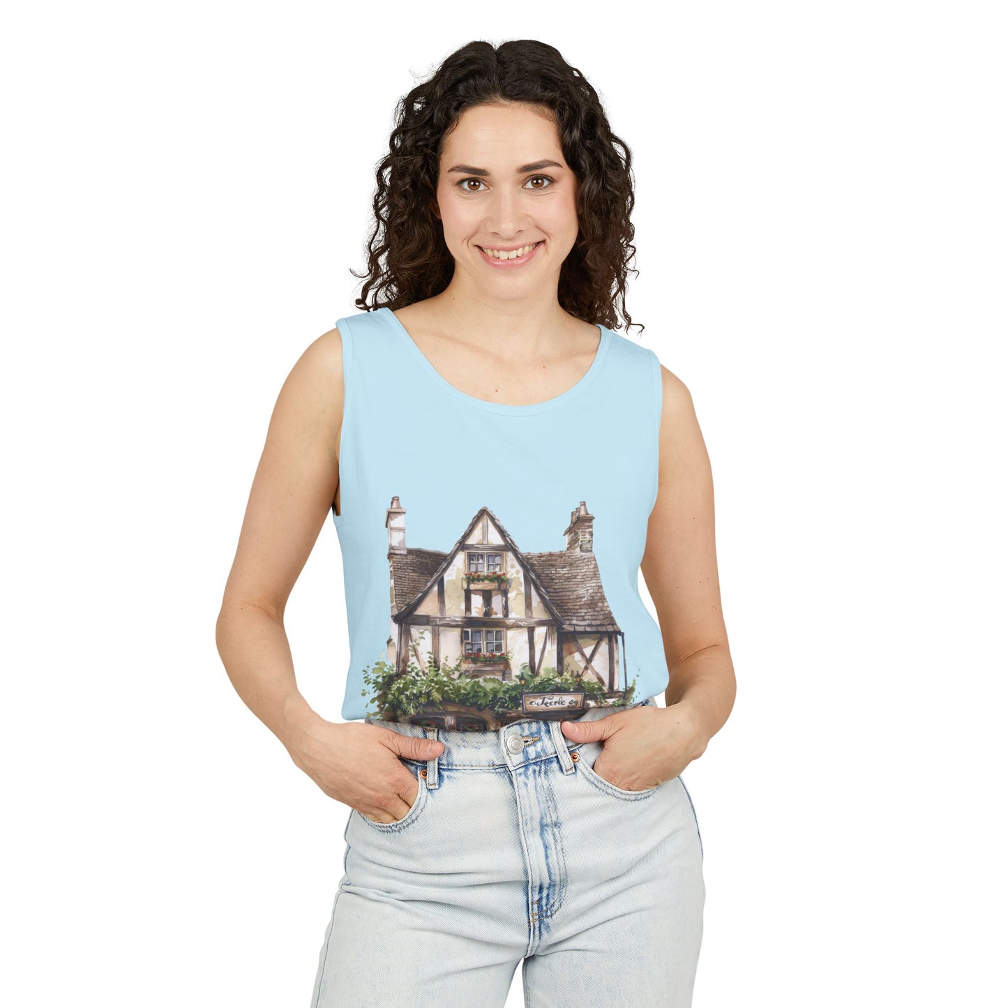 Unisex Garment-Dyed Tank Top - Rustic Vintage England House Artwork