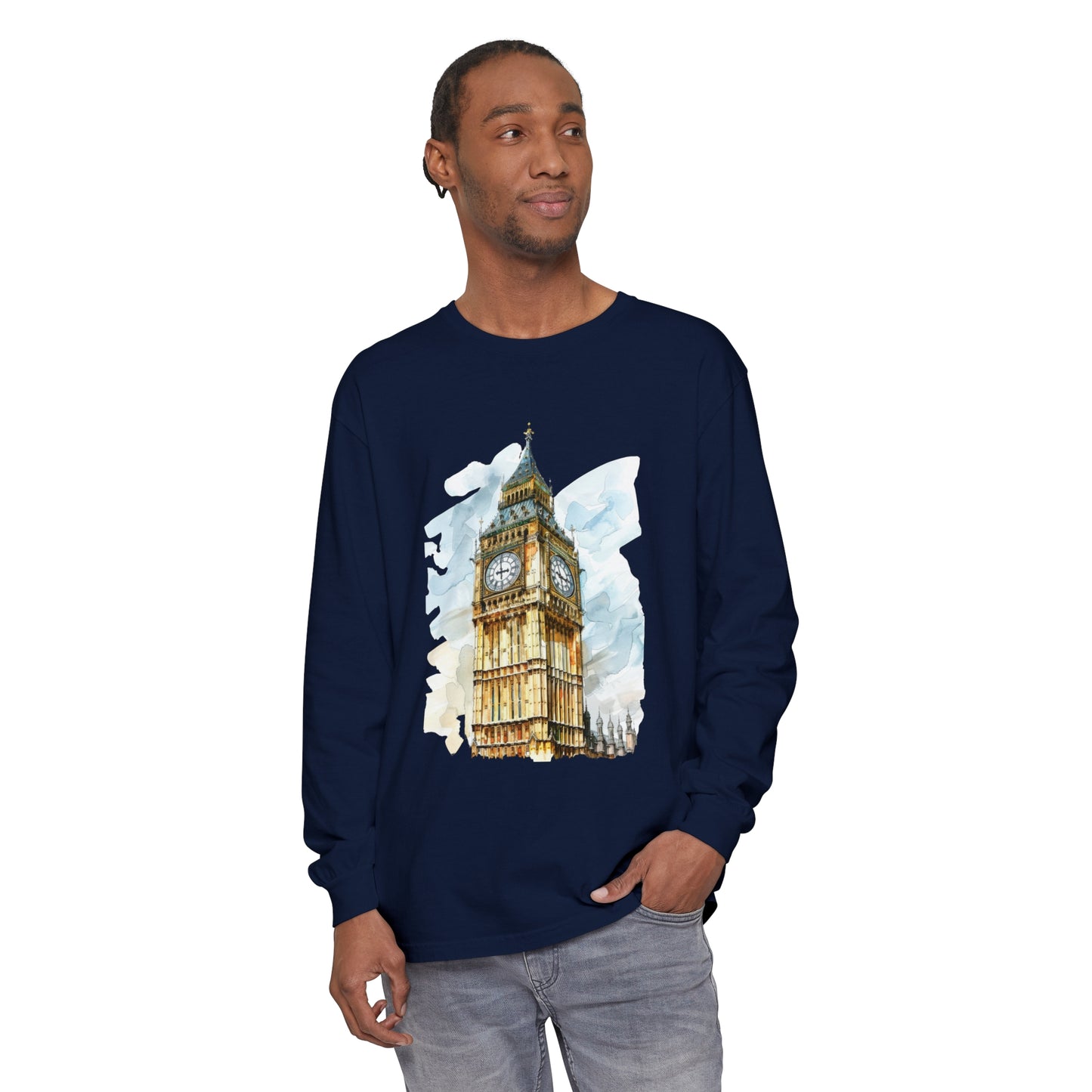 Unisex Garment-dyed Long Sleeve T-Shirt - London Clock Tower - Iconic Big Ben and Timeless Architecture