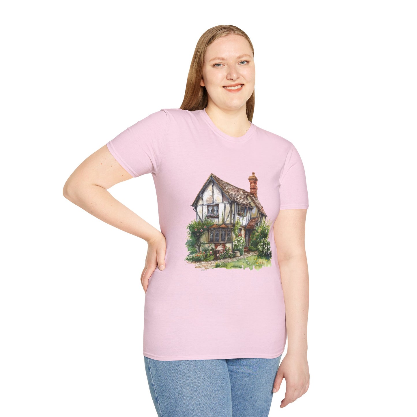 Unisex Softstyle T-Shirt - Rustic Retreat - The Quintessential British Village House
