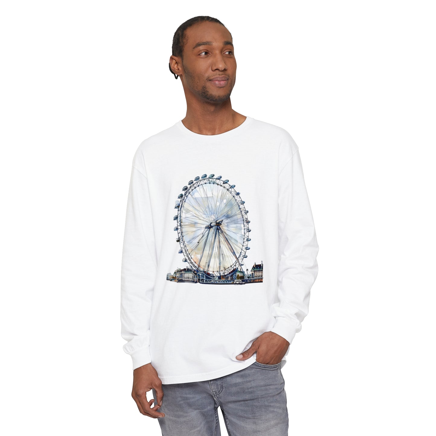 Unisex Garment-dyed Long Sleeve T-Shirt - London Eye - Iconic Ferris Wheel