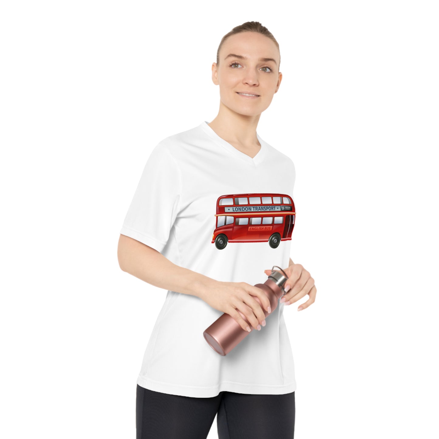 Women's Performance V-Neck T-Shirt - Vintage British Double-Decker Bus Art Print - Sporty Travel Tee