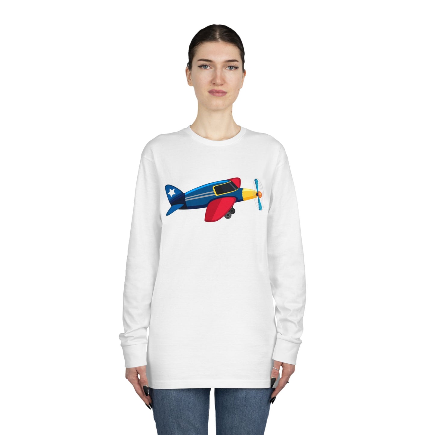 Long Sleeve Crewneck Tee - Vintage Airplane Illustration - Retro Aviation Design