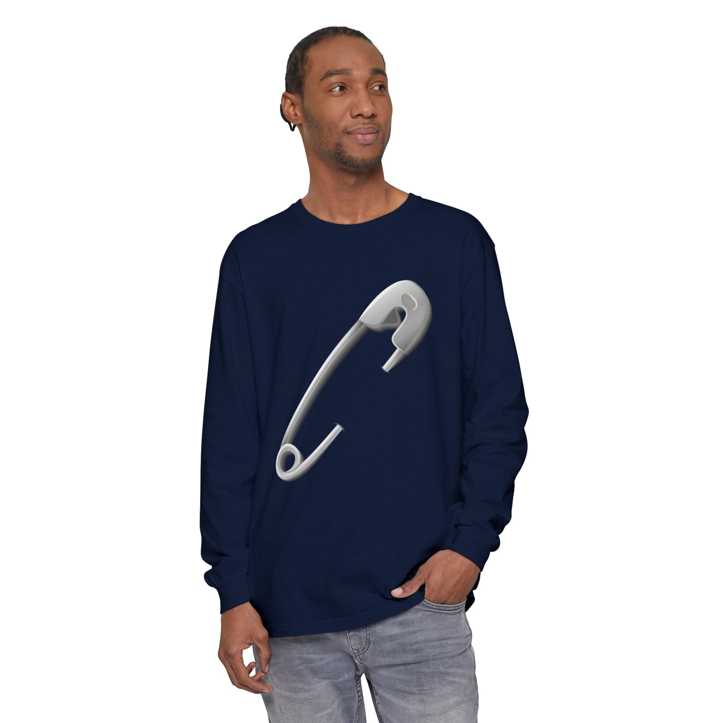 Unisex Garment-dyed Long Sleeve T-Shirt - Minimalist Safety Pin Design
