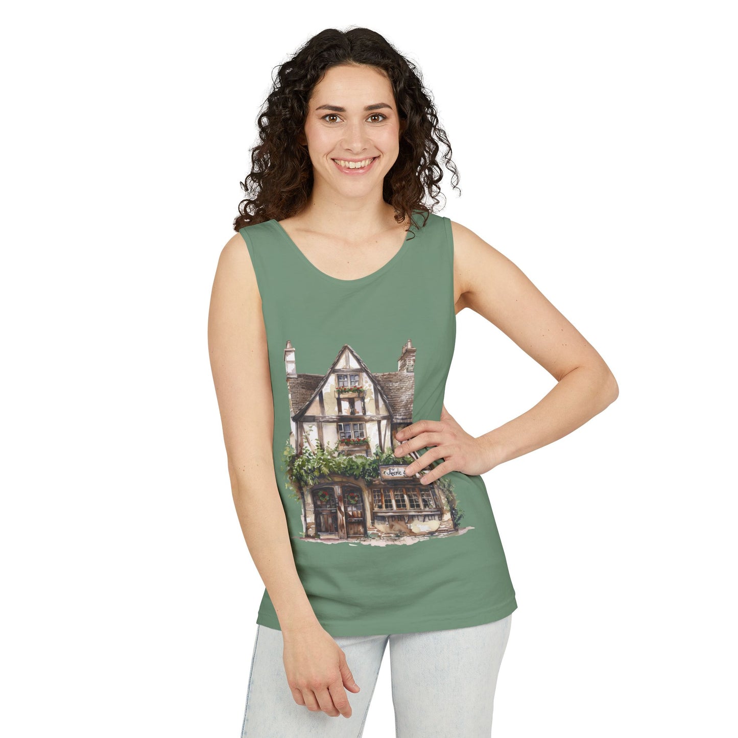 Unisex Garment-Dyed Tank Top - Rustic Vintage England House Artwork
