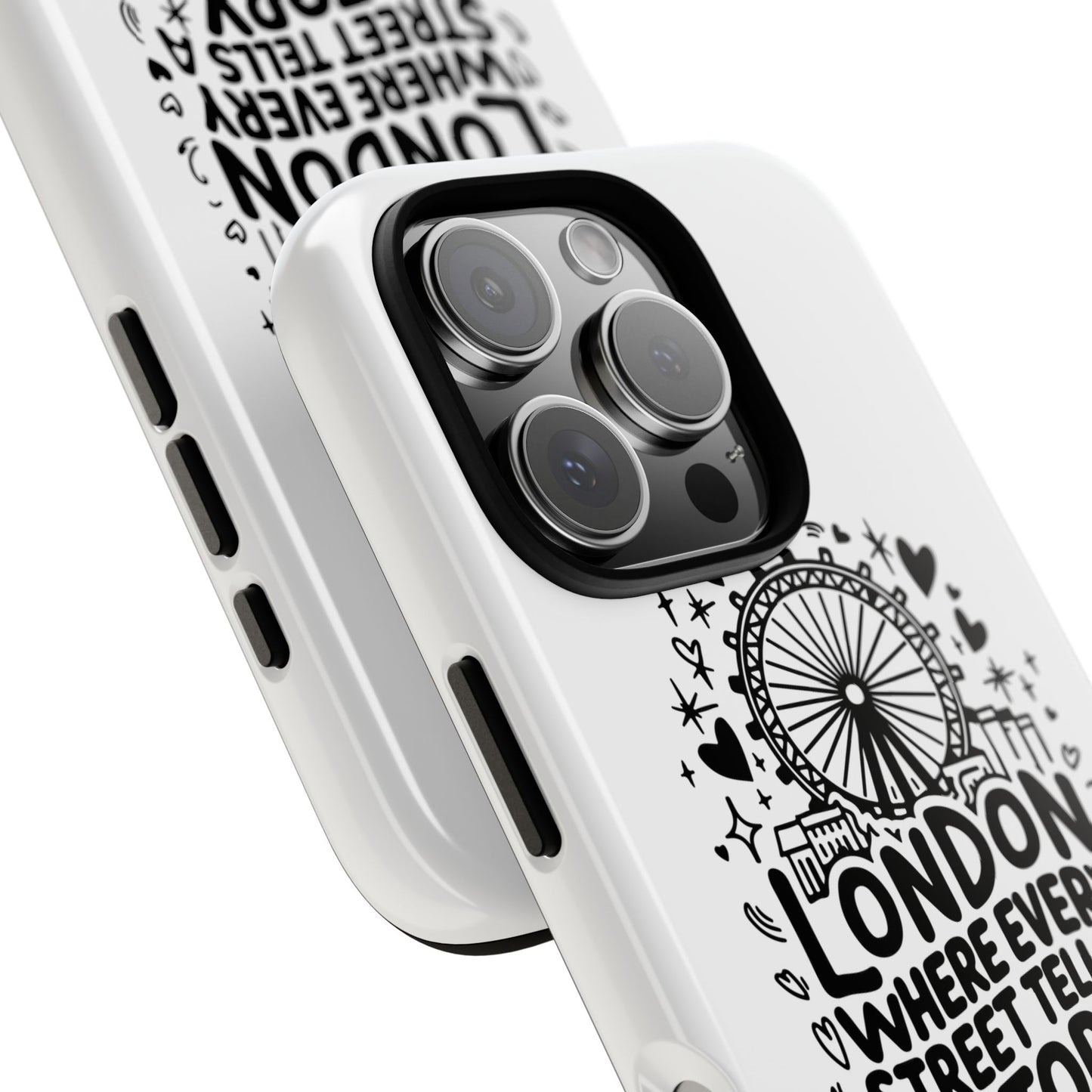 London Story Phone Case, Tough iPhone Cover, Gift for Travelers, London Souvenir, Black Typography Design