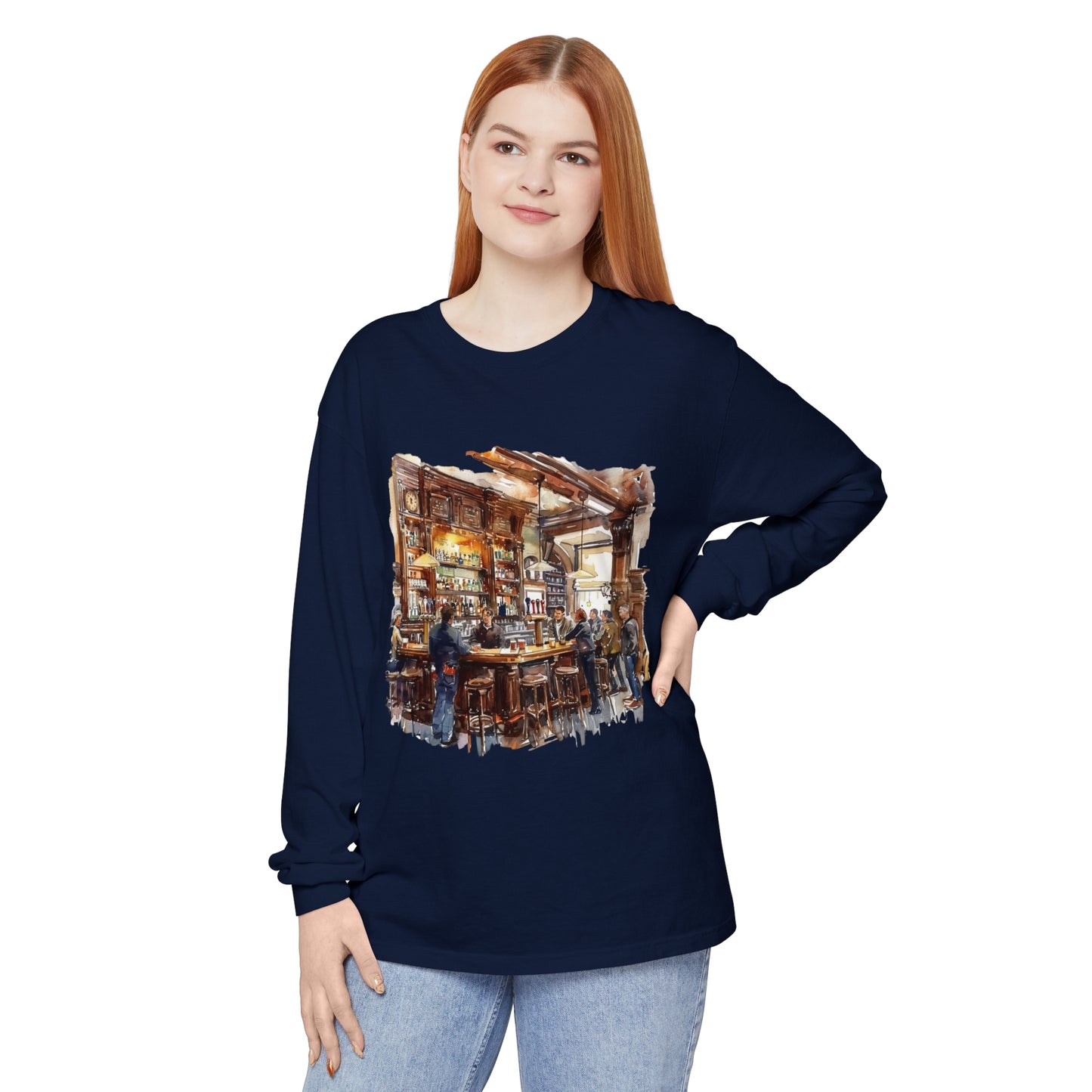 Unisex Garment-dyed Long Sleeve T-Shirt - Where Friends Gather - The Cozy British Pub