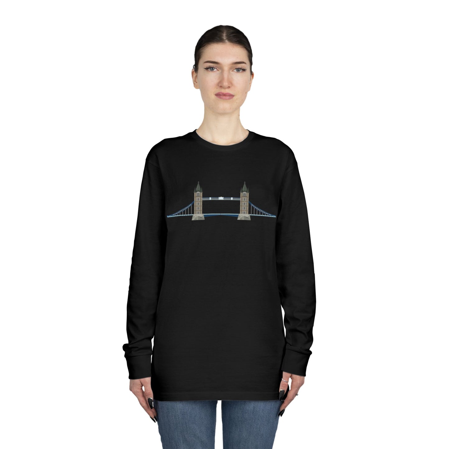 Long Sleeve Crewneck Tee - Tower Bridge - Iconic London Landmark Illustration