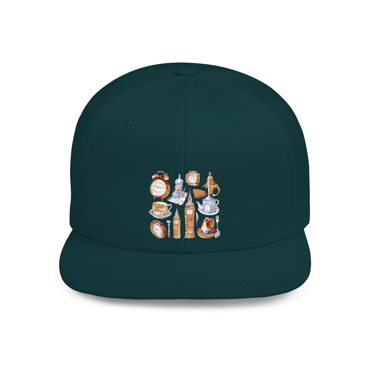 Vintage London England Icons - Scones & Tea Watercolor Flat Bill Snapback